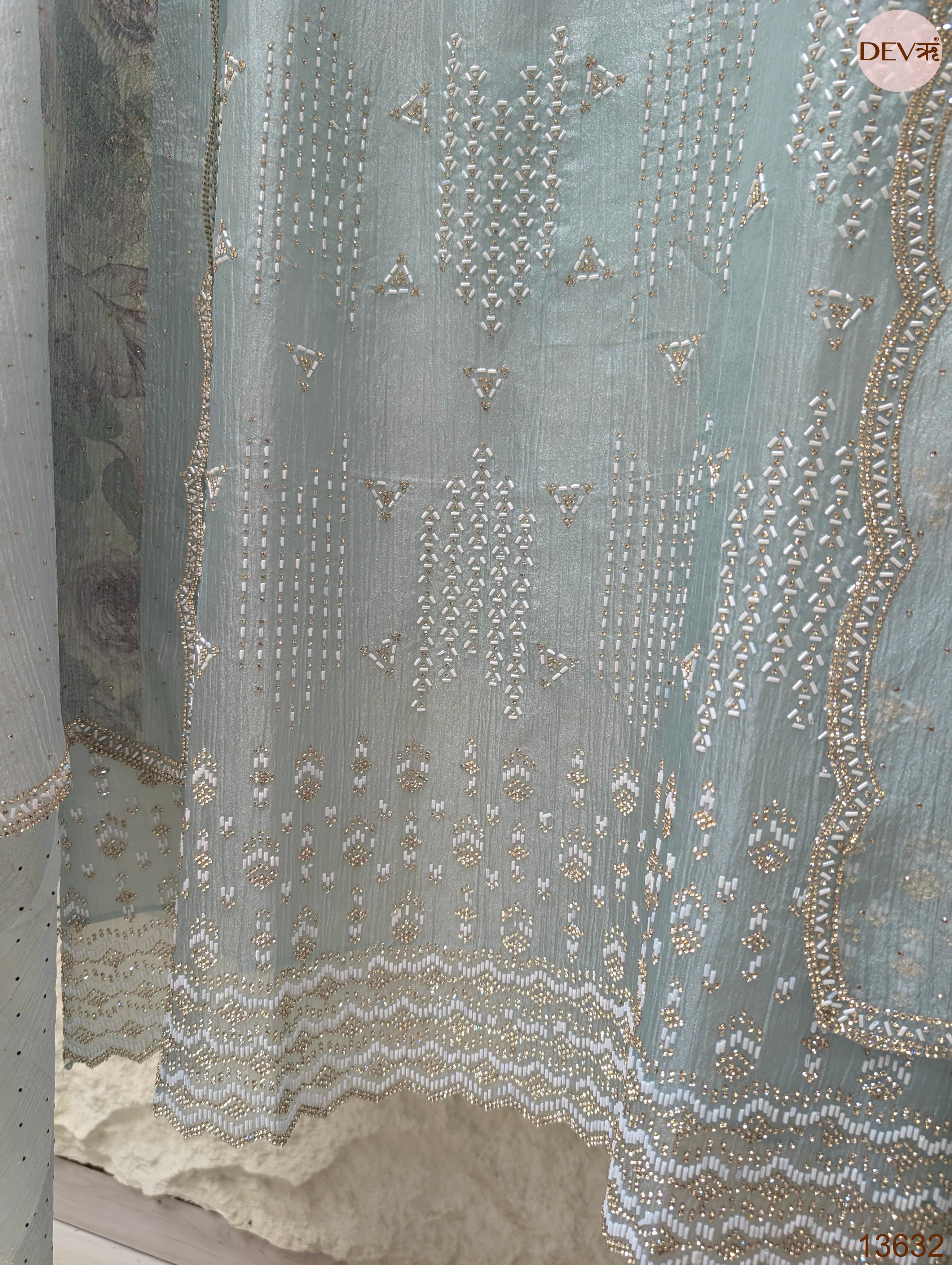 Blue Tissue Crush Silk Embroidered Unstitched 3-Piece Suit (Devri – D.No 13632)
