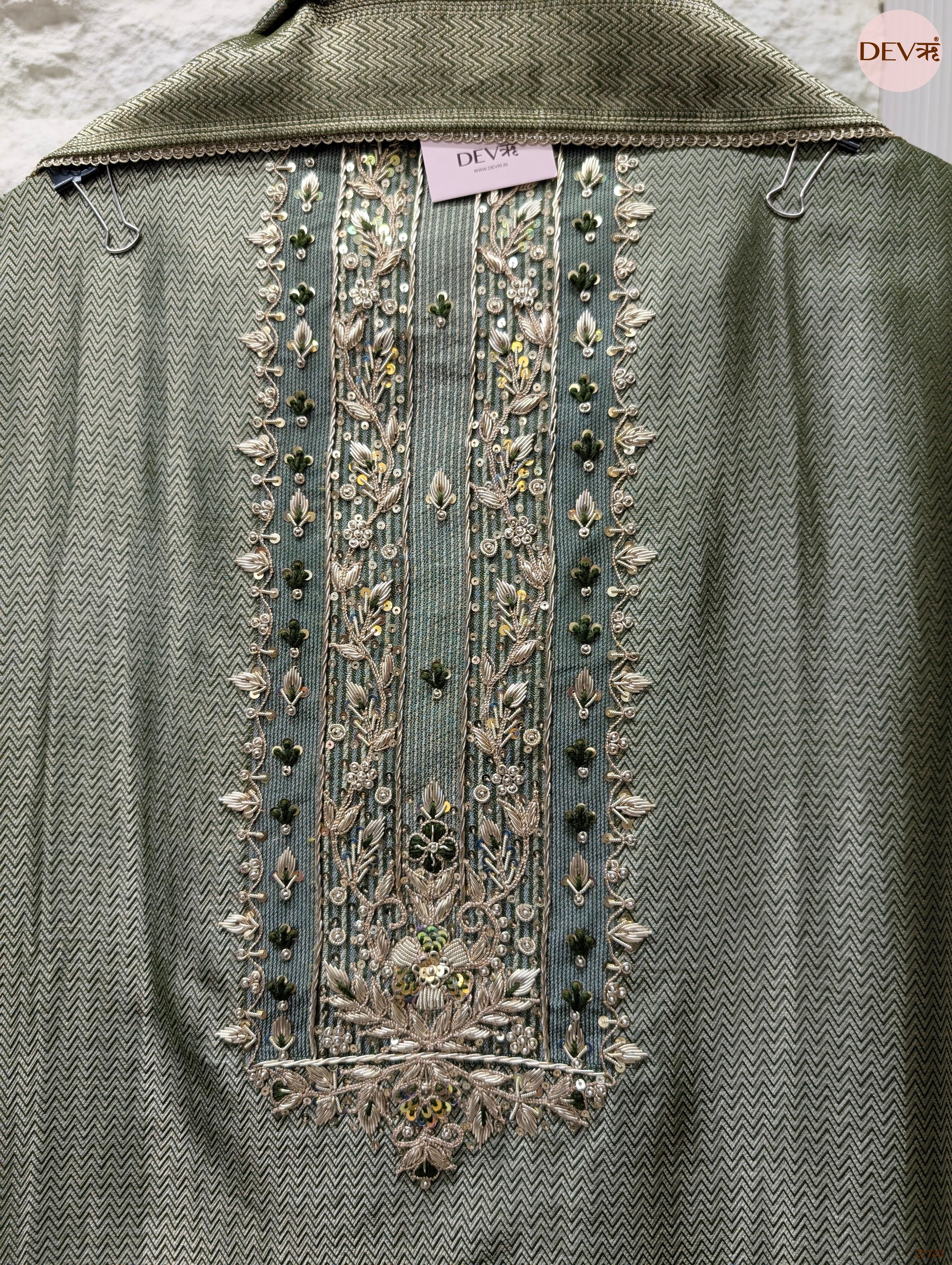Olive Pure giraffe banarasi silk Embroidered Unstitched 3-Piece Suit (Devri – D.No 21133)