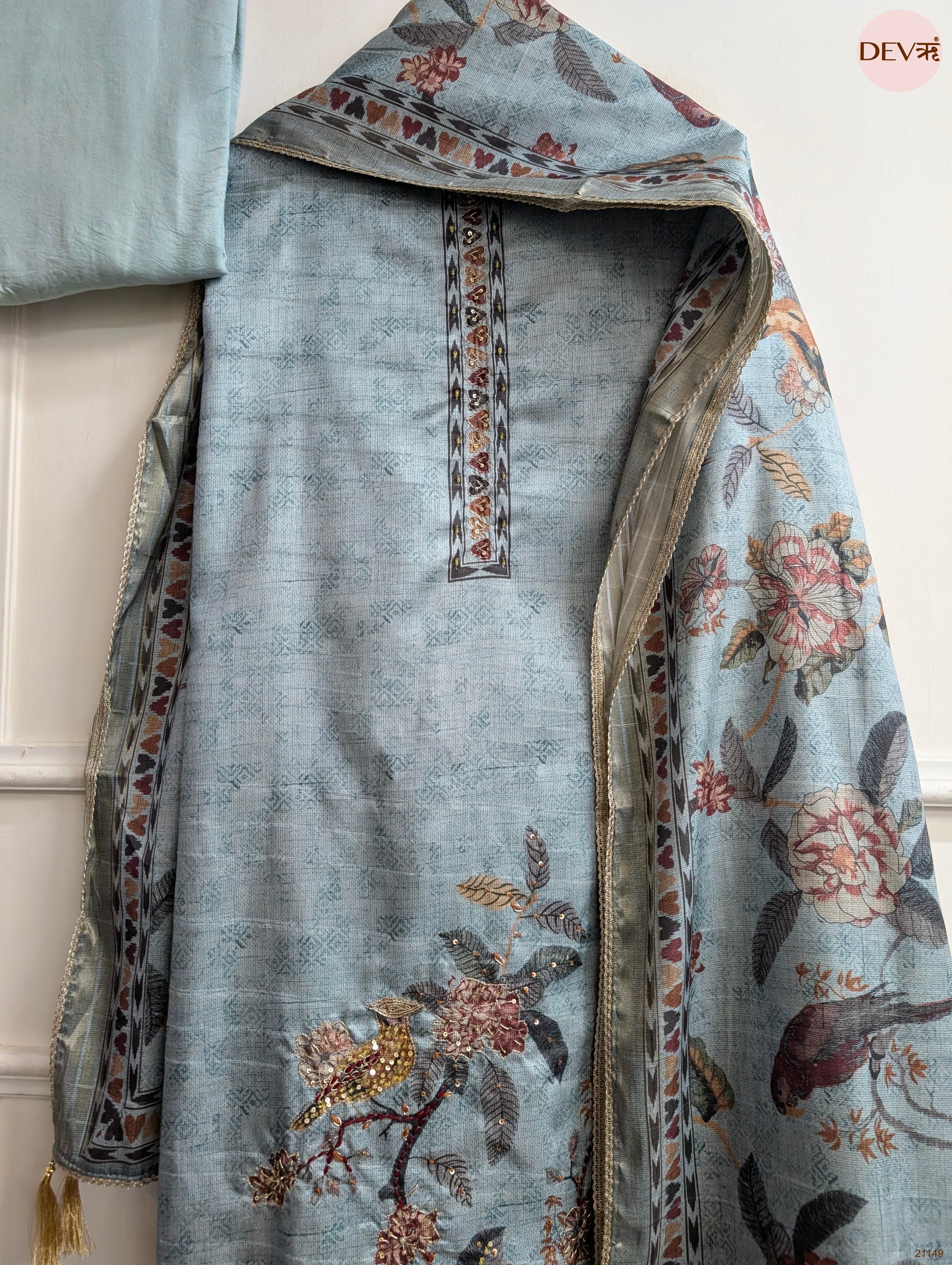 Blue Mul Chanderi Silk Printed Unstitched 3-Piece Suit (Devri – D.No 21149)
