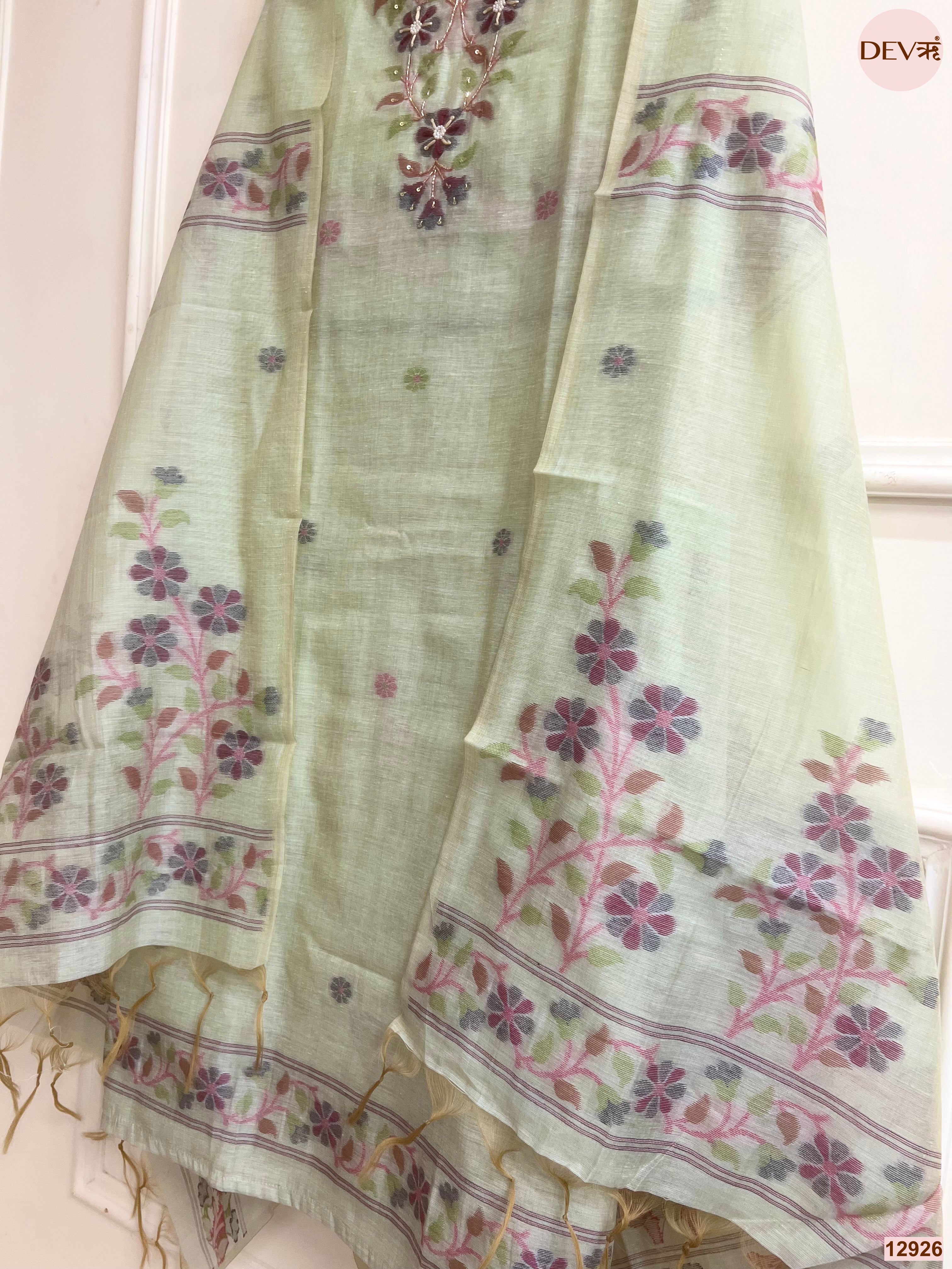 Green Jamdani Cotton Printed Unstitched 3-Piece Suit (Devri – D.No 12926)