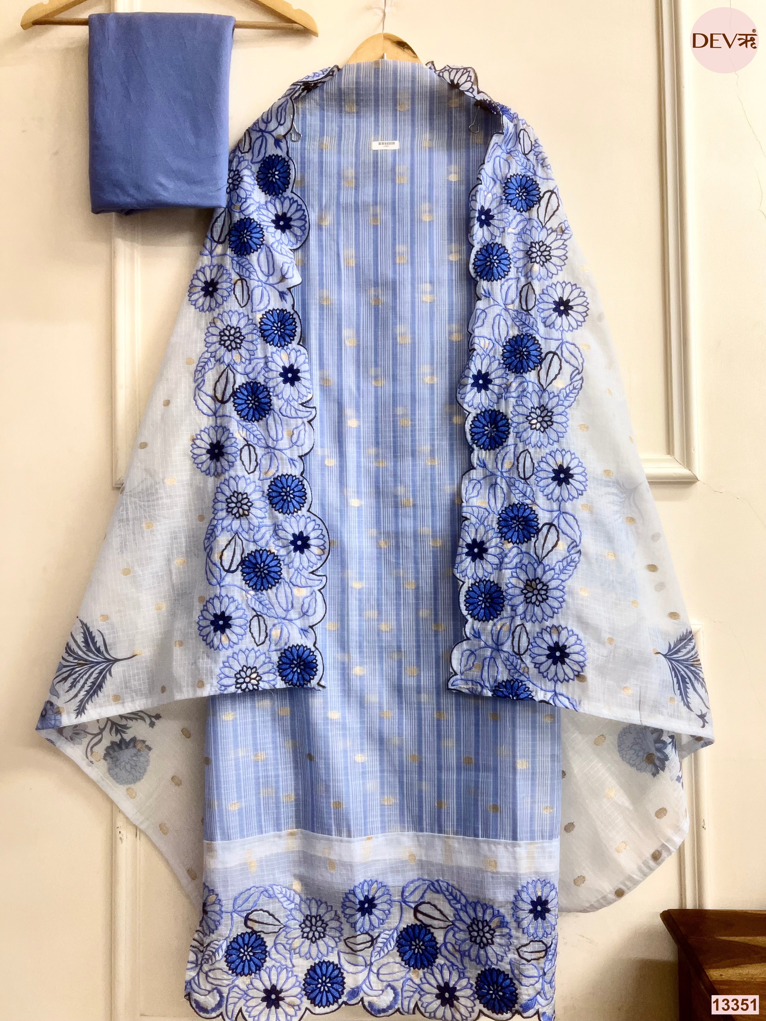 Blue Zari Kota Printed Unstitched 3-Piece Suit (Devri – D.No 13351)
