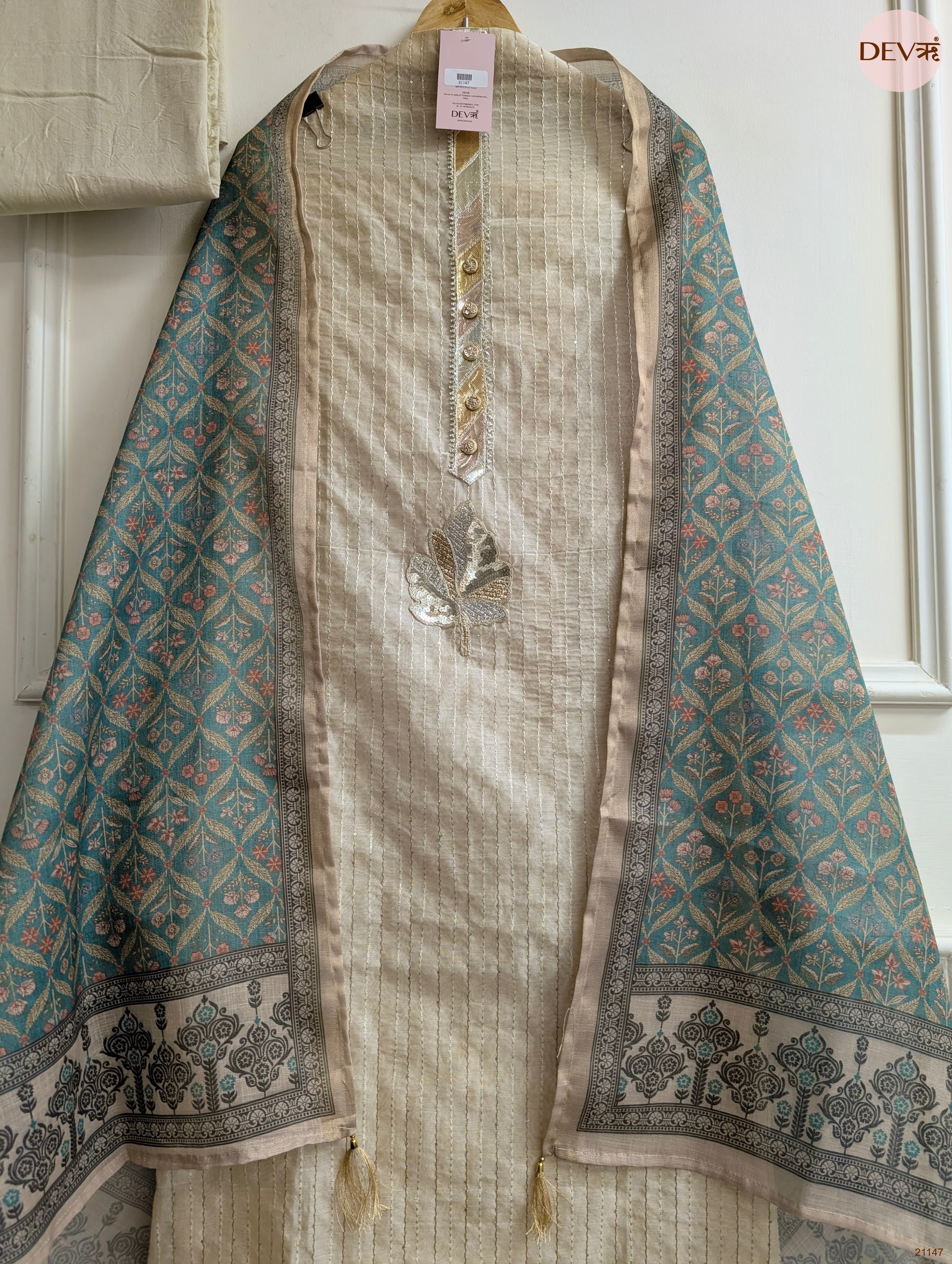 Beige Pure Chanderi Embroidered Unstitched 3-Piece Suit (Devri – D.No 21147)