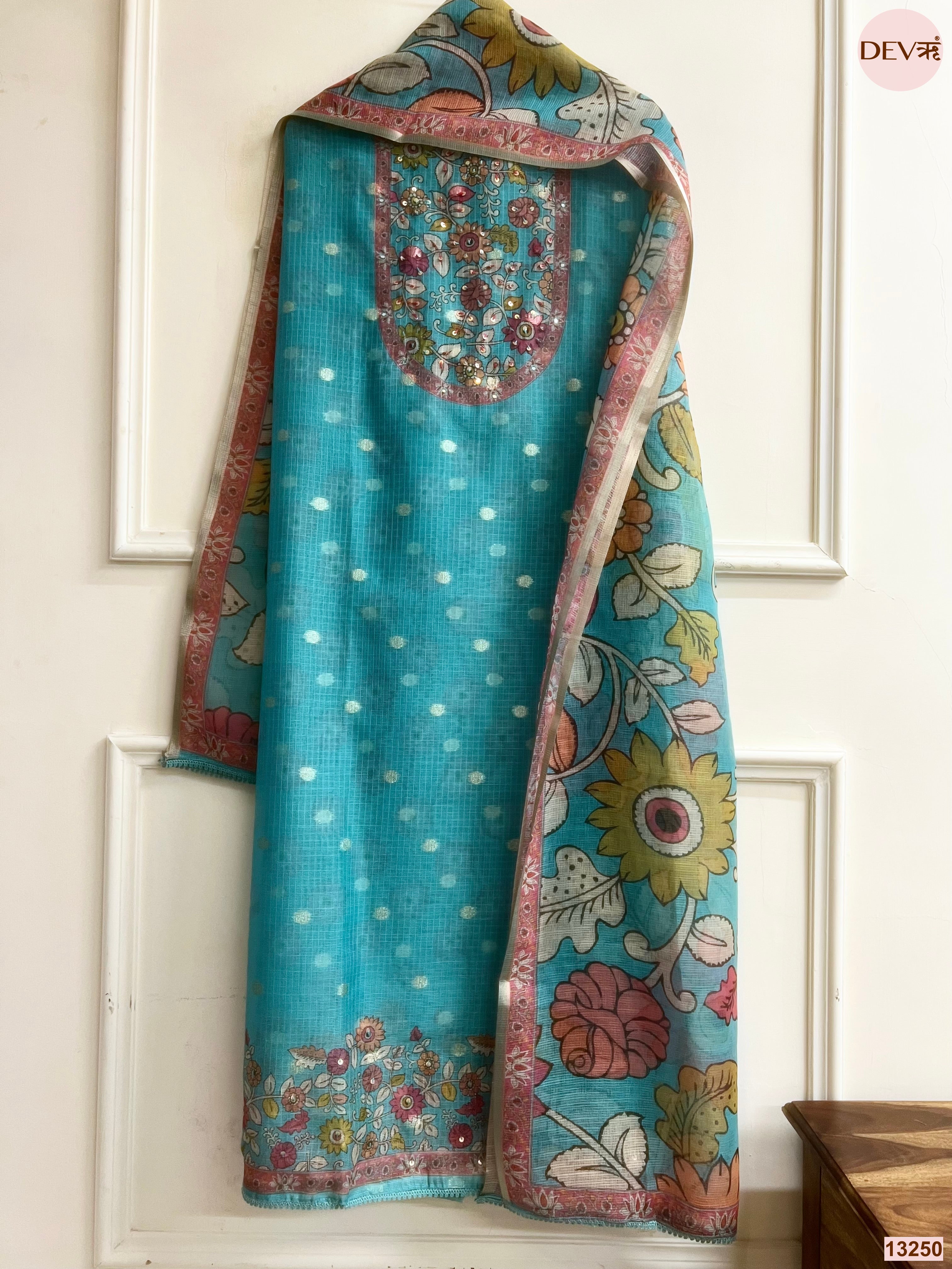 Turquoise Kota Printed Unstitched 3-Piece Suit (Devri – D.No 13250)
