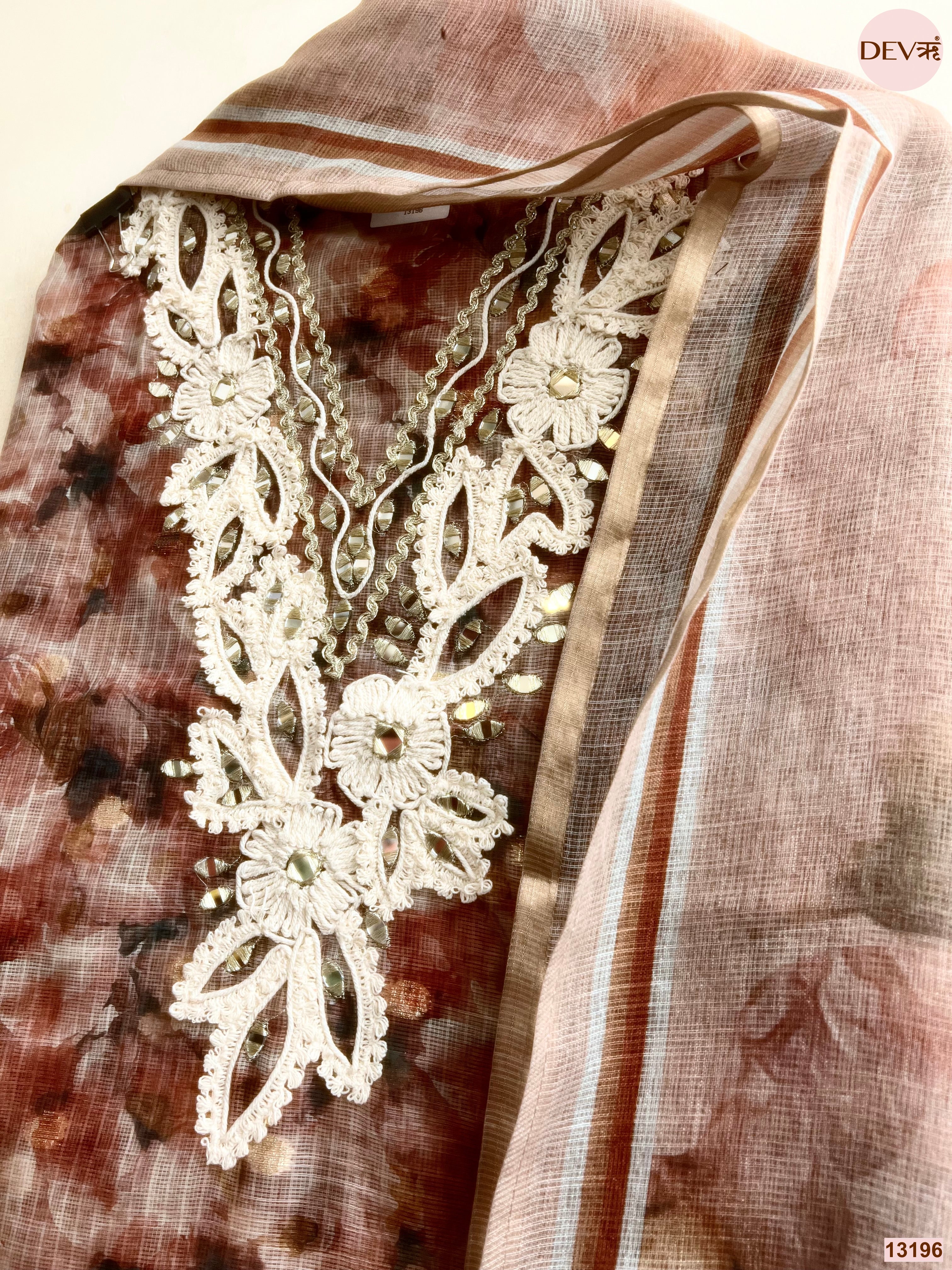 Brown Kota Zari Printed Unstitched 3-Piece Suit (Devri – D.No 13196)