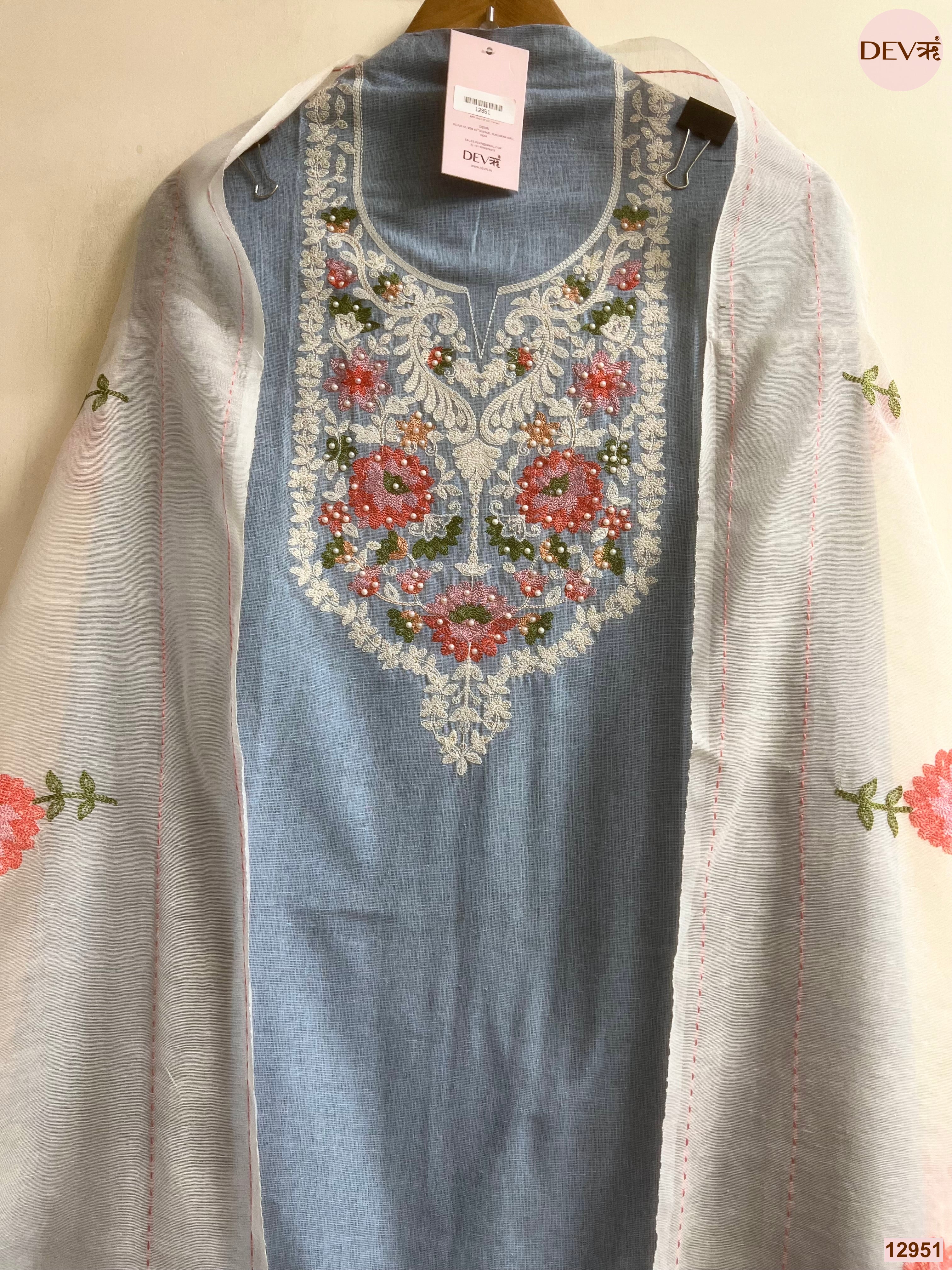 Blue Cotton Handloom Embroidered Unstitched 3-Piece Suit (Devri – D.No 12951)