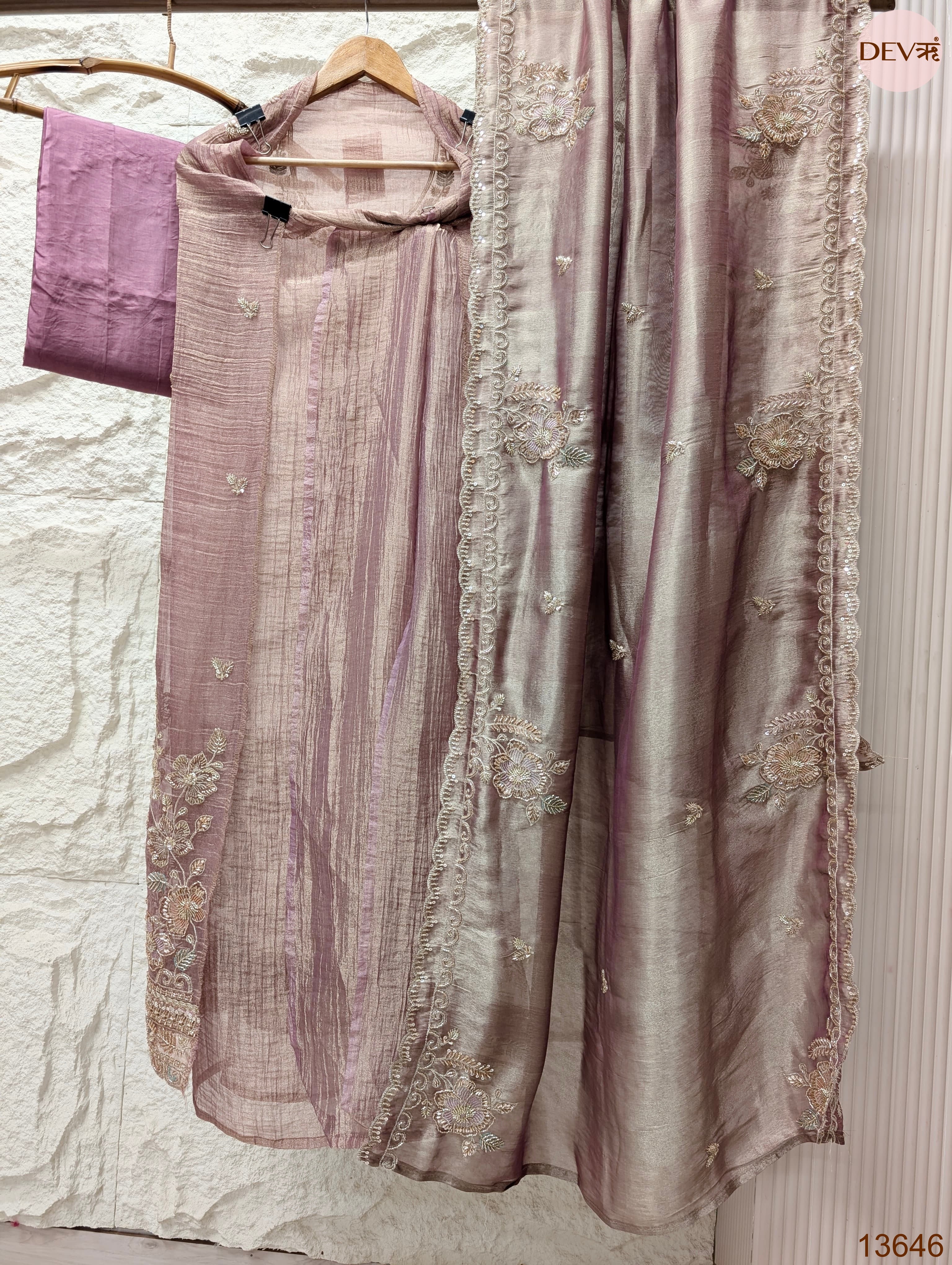 Mauve Tissue Crush Silk Embroidered Unstitched 3-Piece Suit (Devri – D.No 13646)