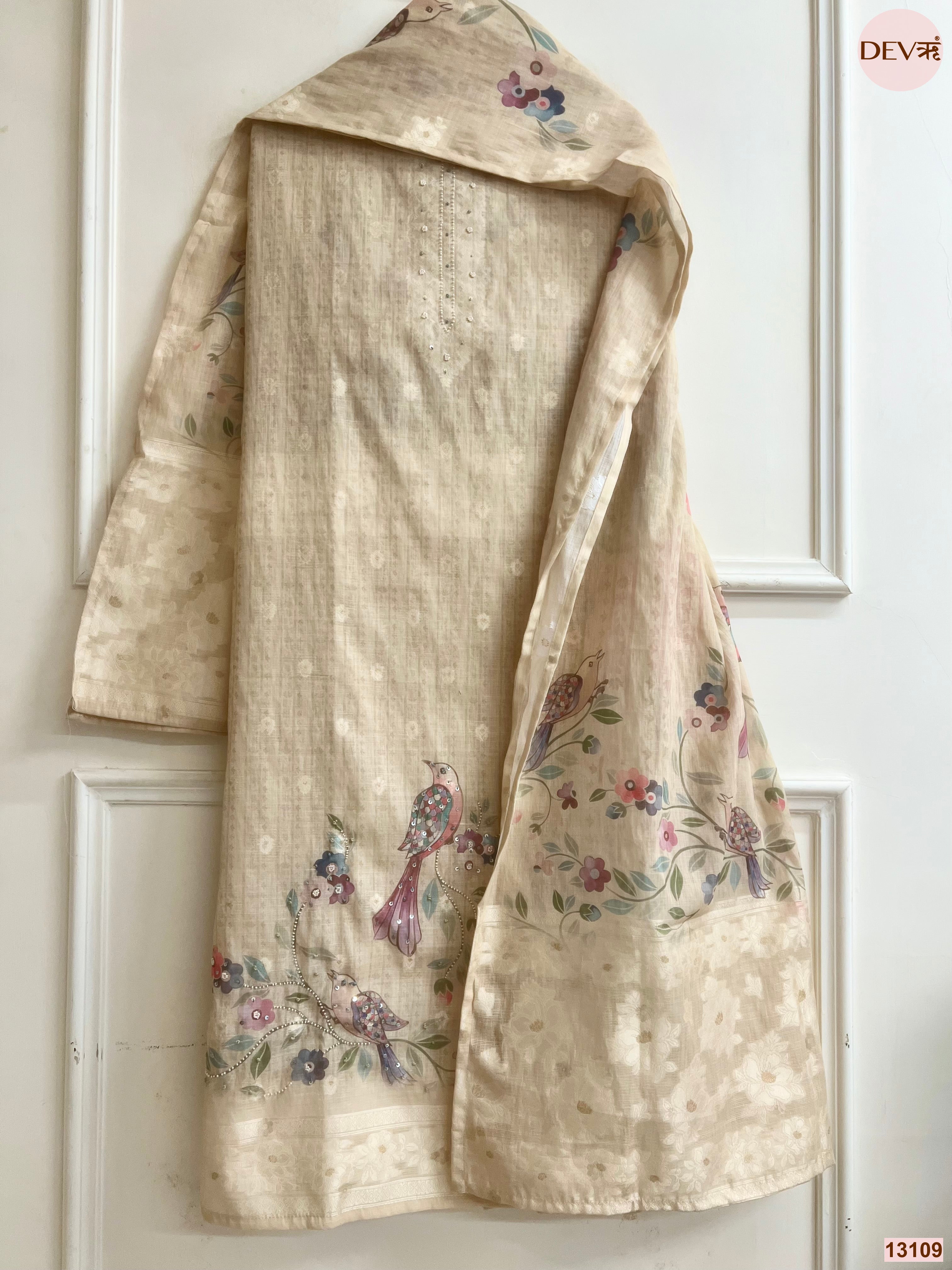 Beige Linen Cotton Printed Unstitched 3-Piece Suit (Devri – D.No 13109)