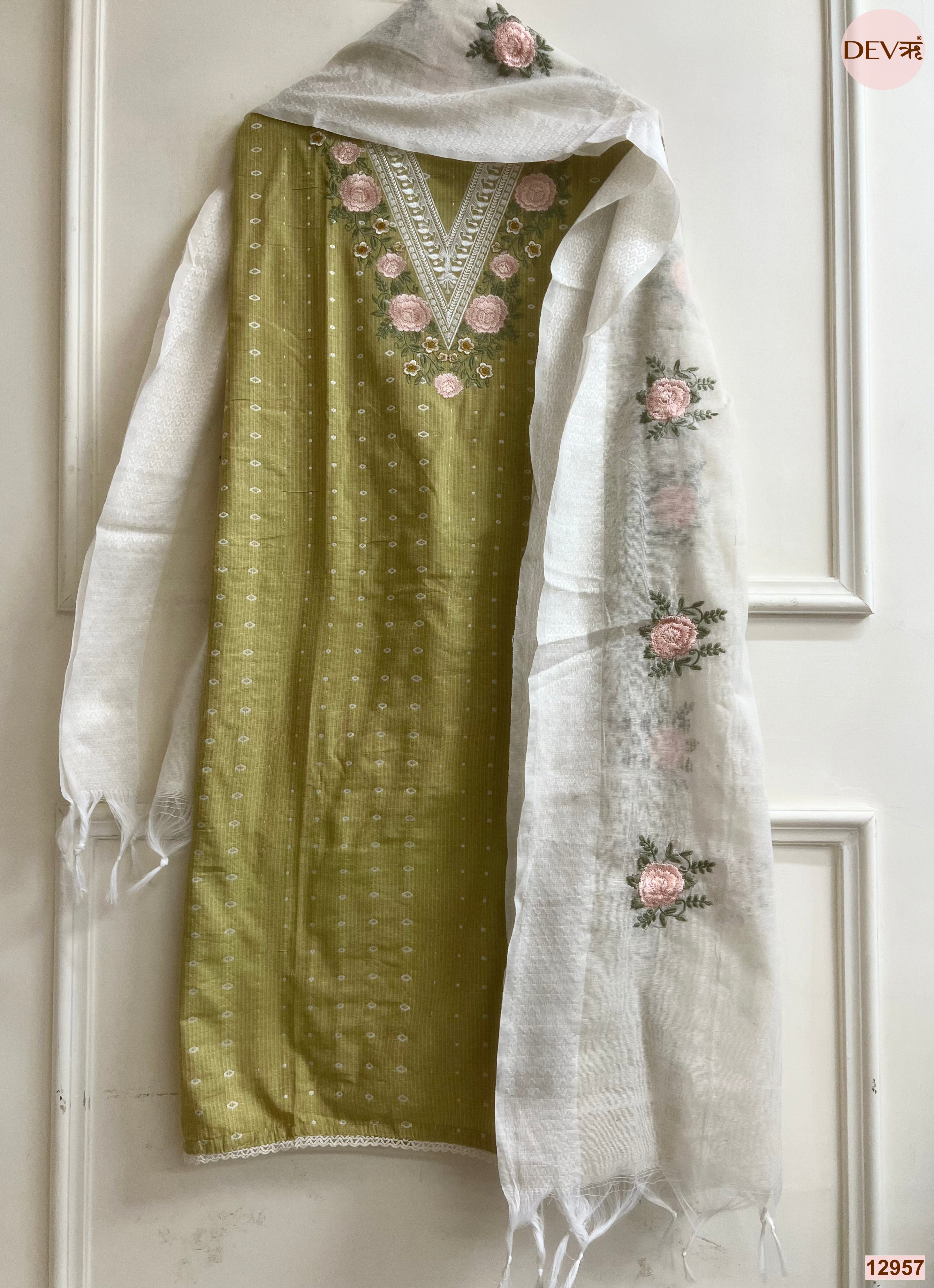 Olive Cotton Handloom Embroidered Unstitched 3-Piece Suit (Devri – D.No 12957)