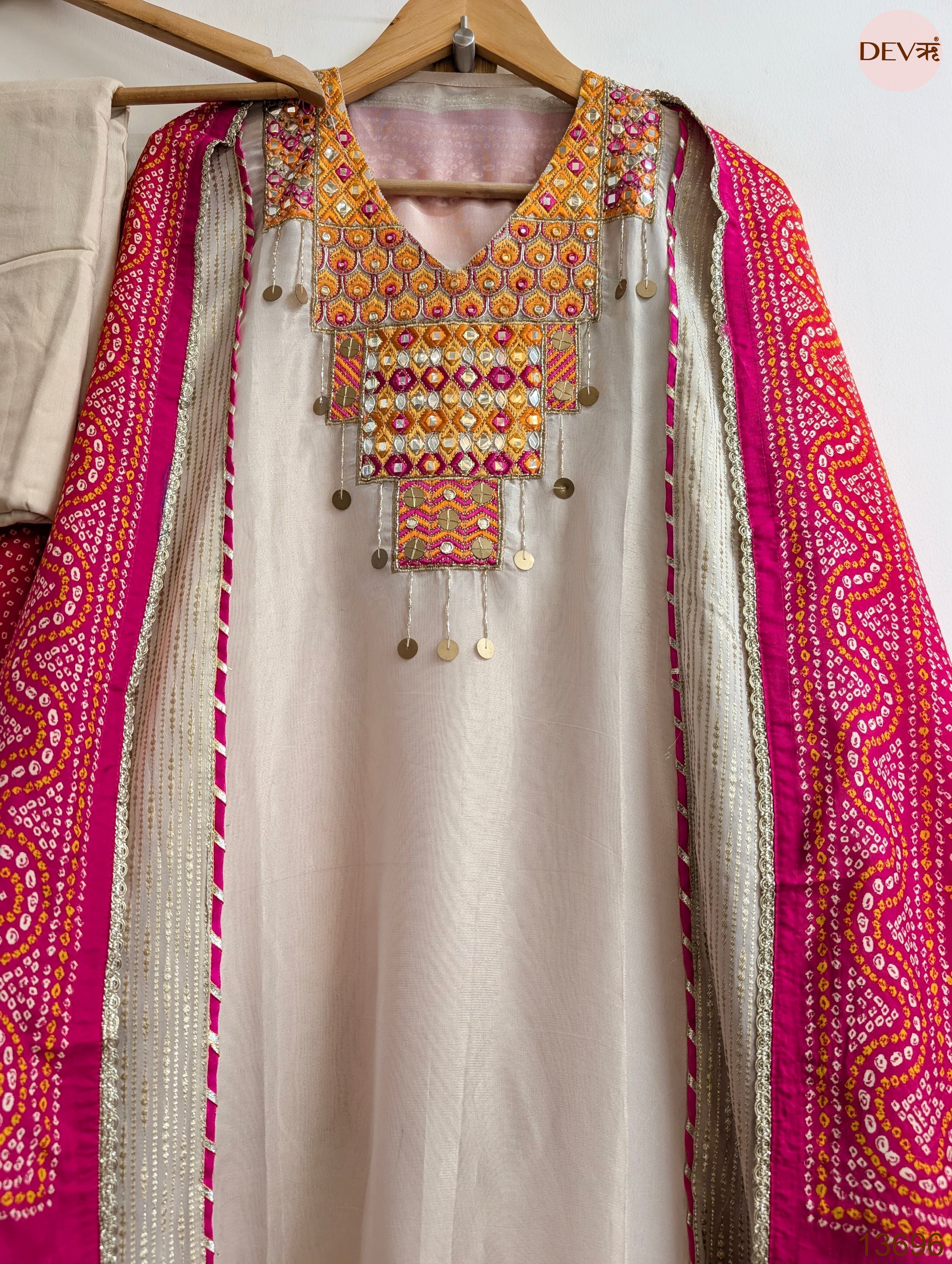 Beige Tissue Silk Hand Unstitched 3-Piece Suit (Devri – D.No 13696)
