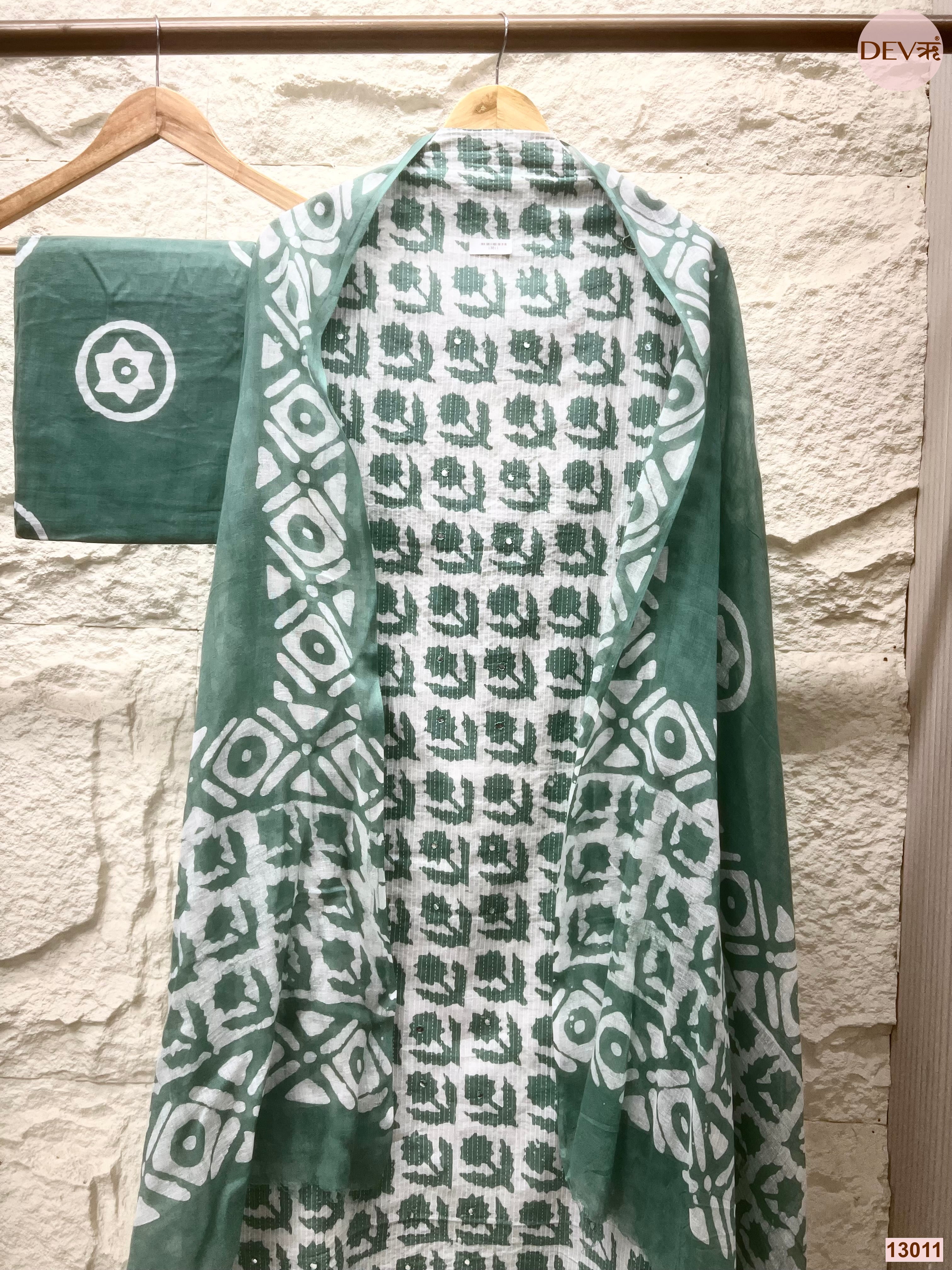 Green Cotton Printed Unstitched 3-Piece Suit (Devri – D.No 13011)