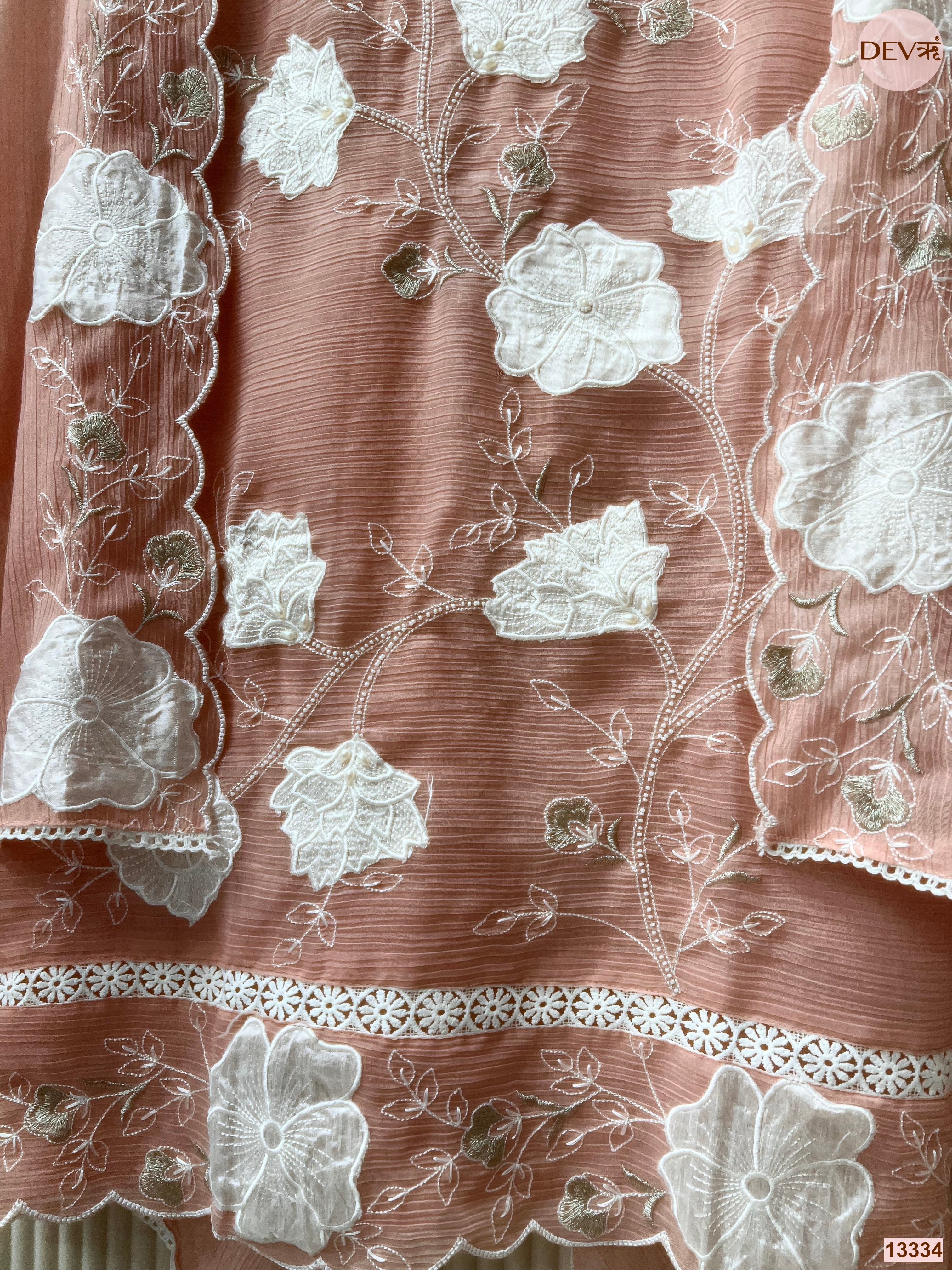 Peach Mul Chanderi Crush Embroidered Unstitched 3-Piece Suit (Devri – D.No 13334)