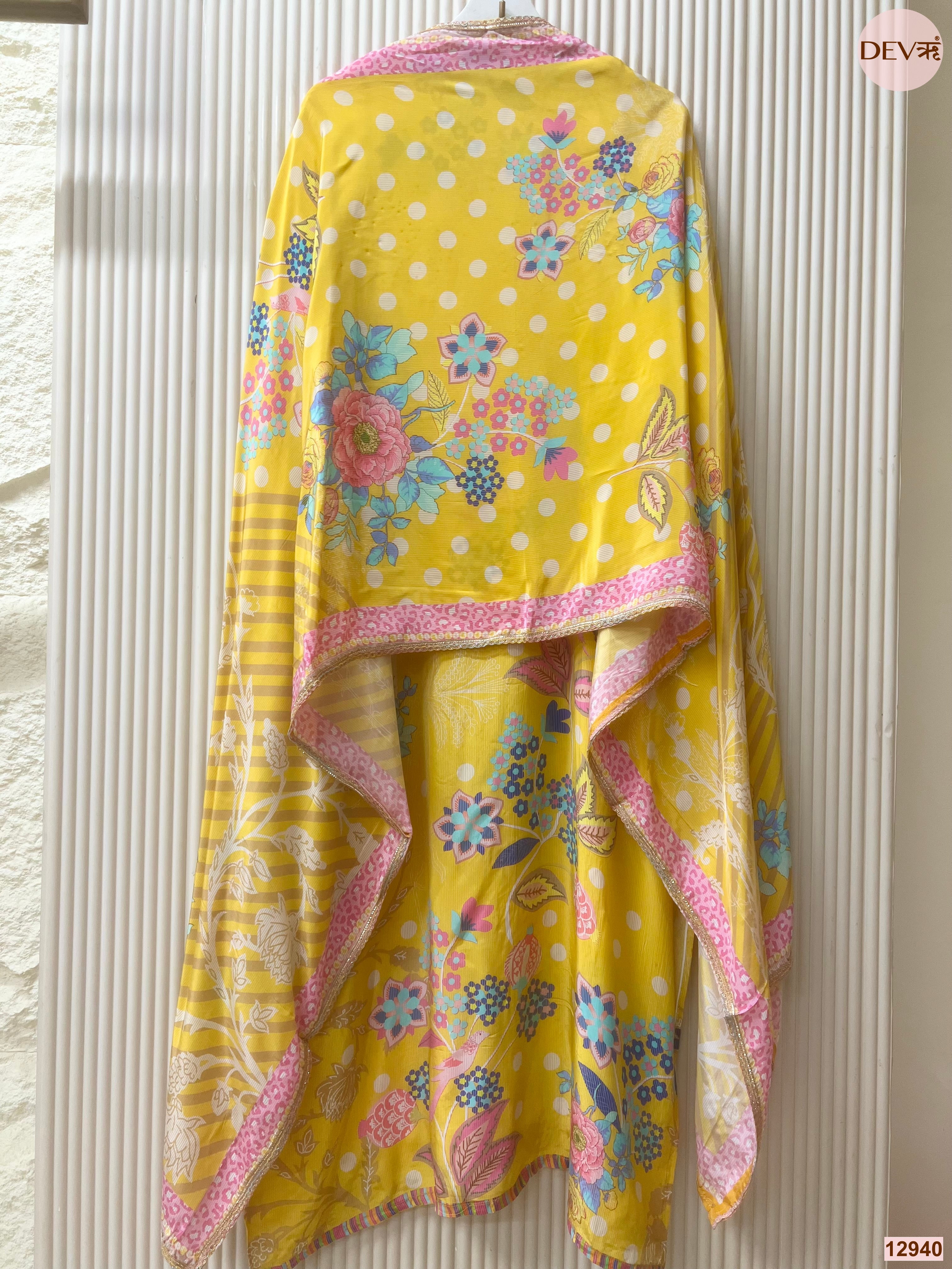 Yellow Natural Crape Printed Unstitched 3-Piece Suit (Devri – D.No 12940)