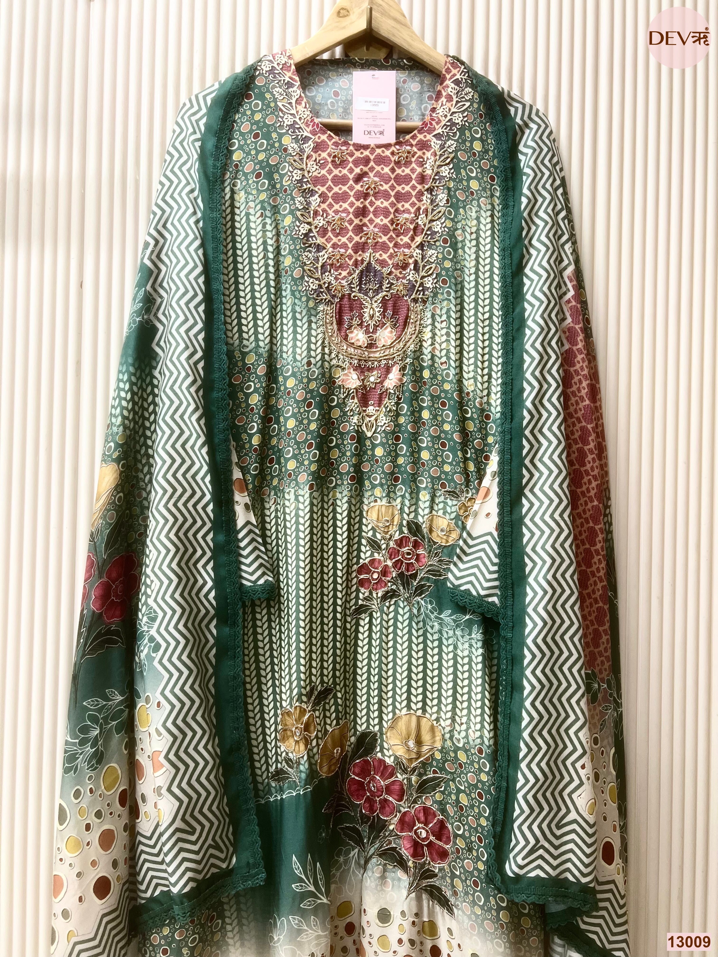 Green Muslin Printed Unstitched 3-Piece Suit (Devri – D.No 13009)