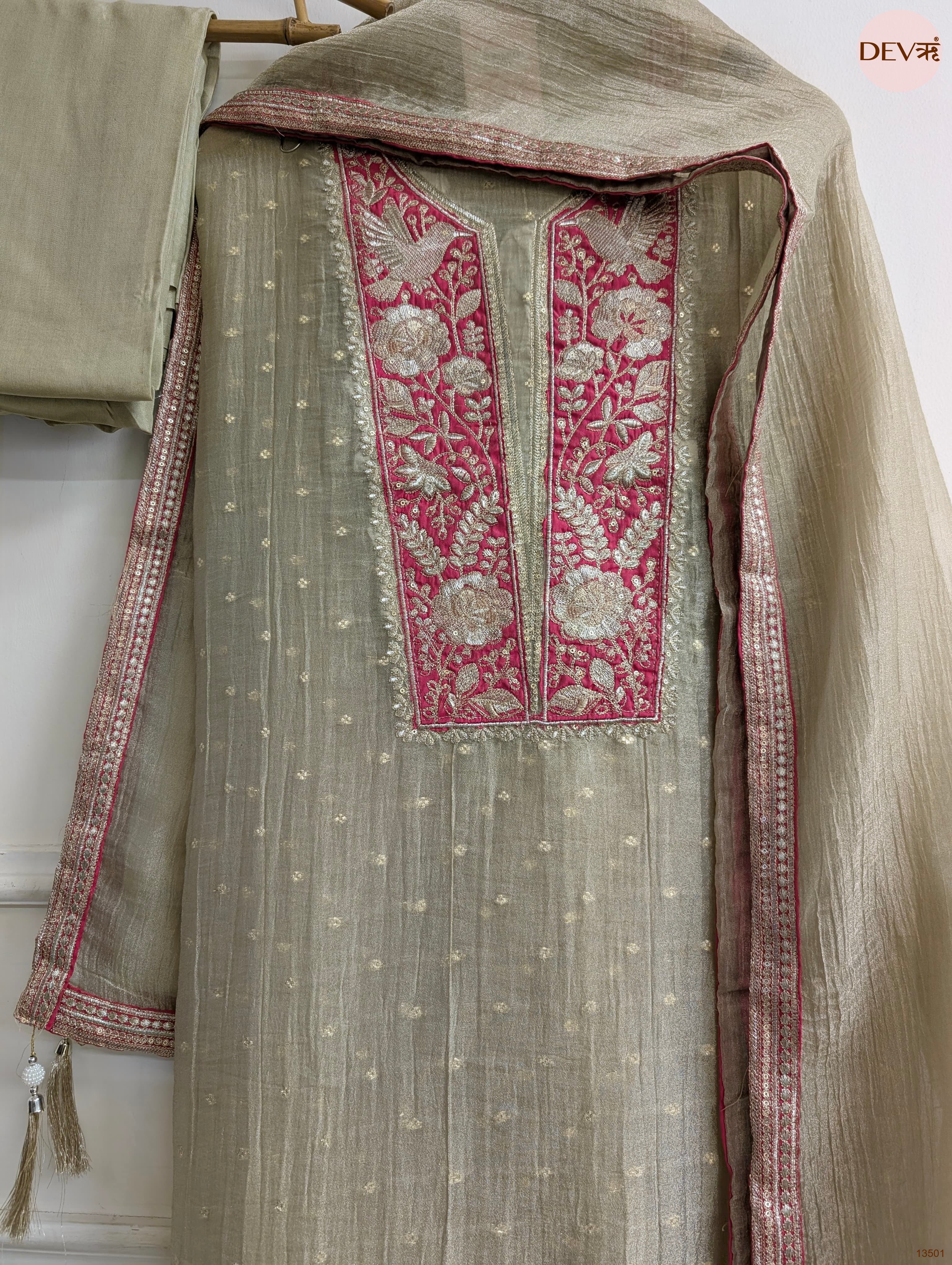 Olive Tissue Silk Embroidered Unstitched 3-Piece Suit (Devri – D.No 13501)