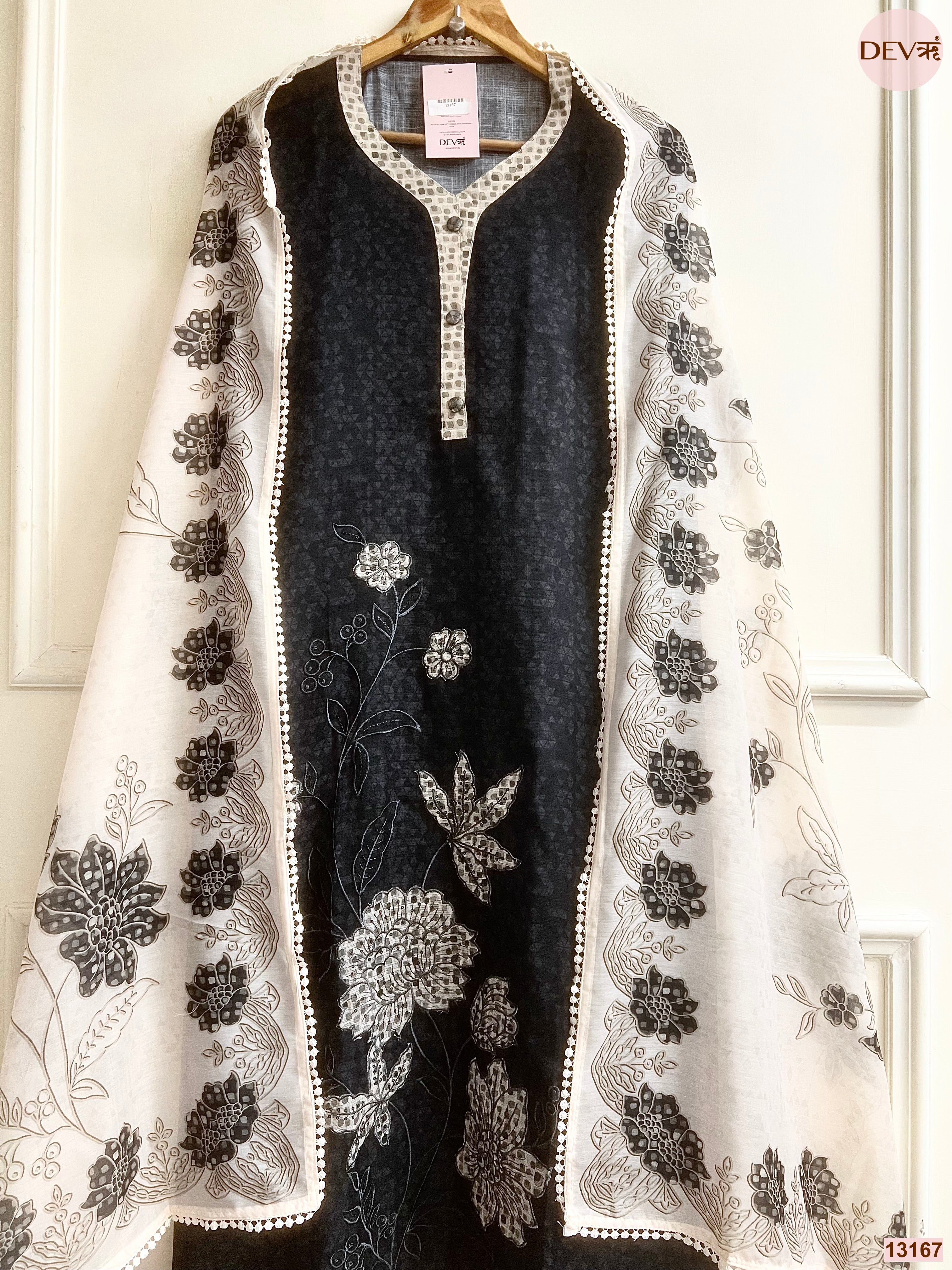 Black Linen Cotton Printed Unstitched 3-Piece Suit (Devri – D.No 13167)