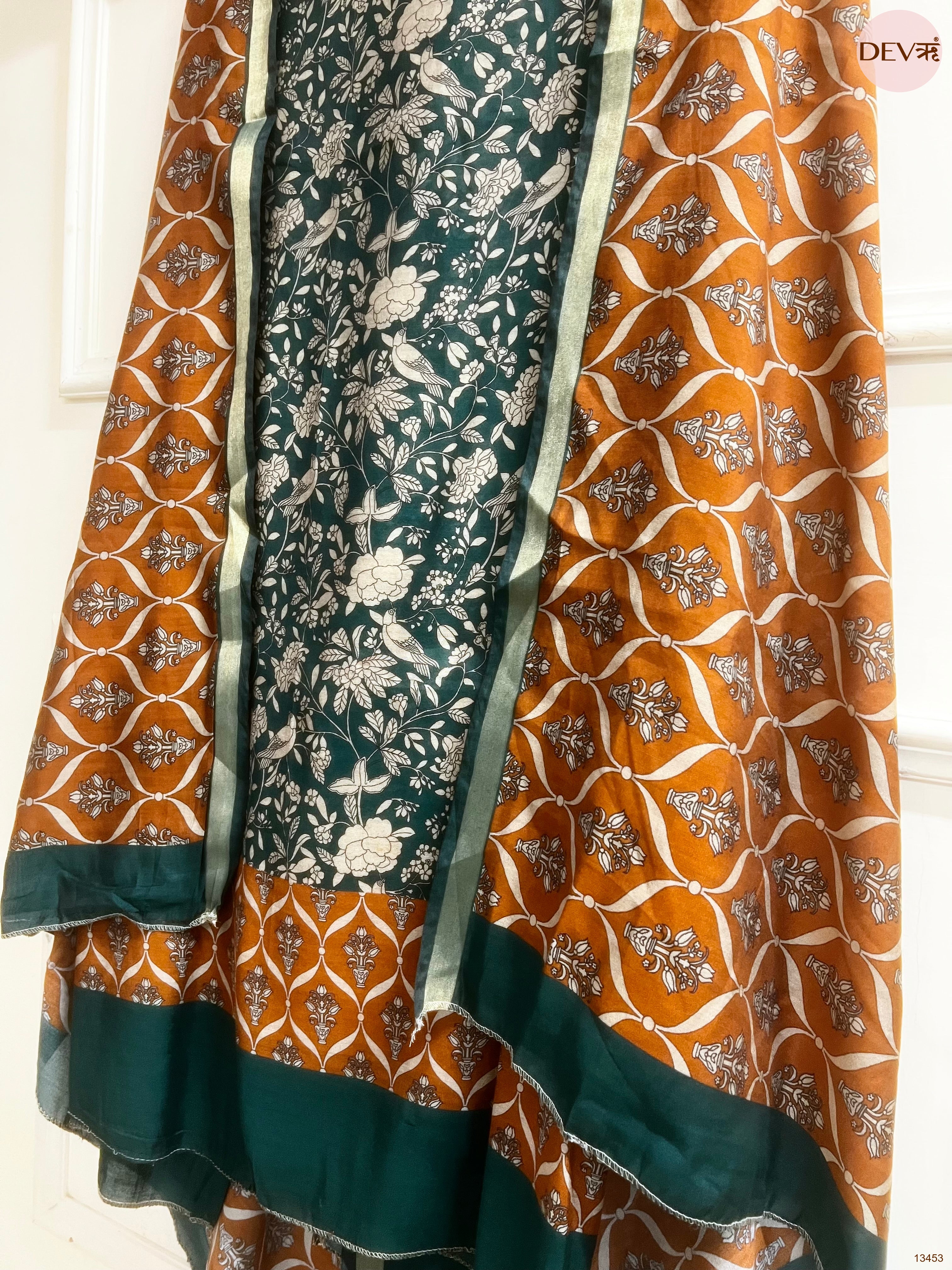 Teal Maheshwari Silk Printed Unstitched 3-Piece Suit (Devri – D.No 13453)