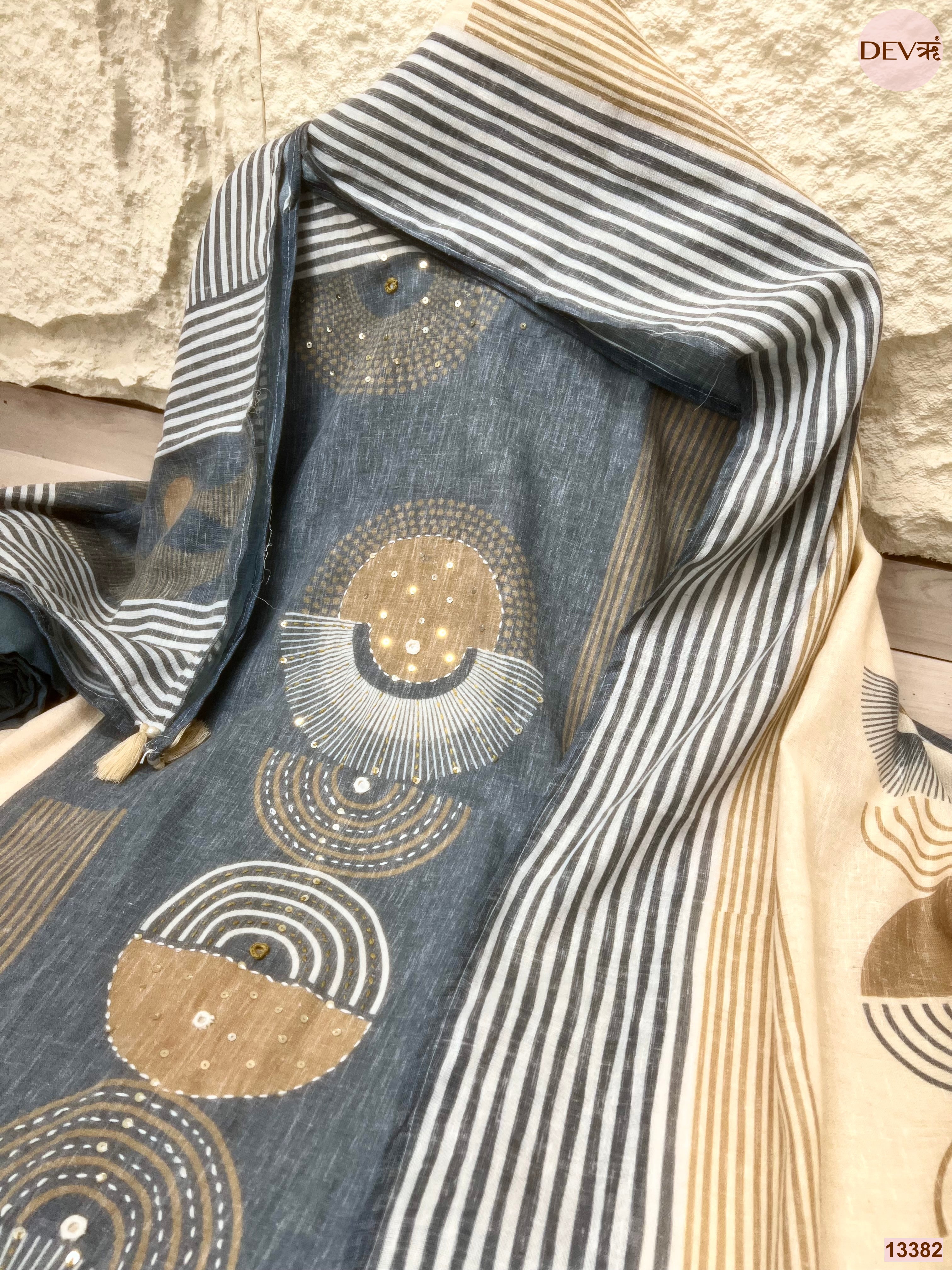 Blue Khadi Cotton Printed Unstitched 3-Piece Suit (Devri – D.No 13382)