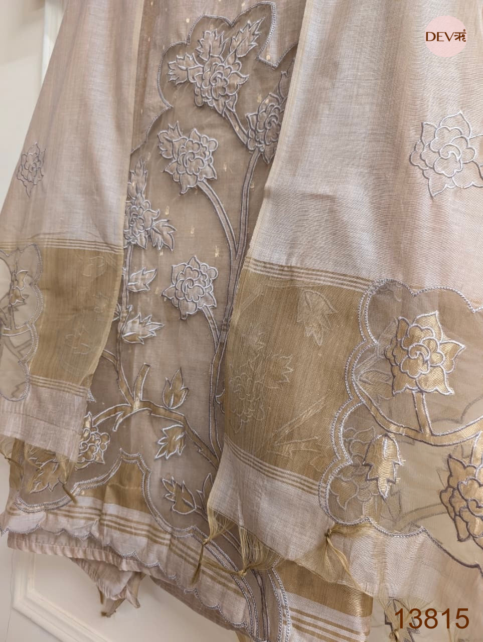 Taupe Mul Chanderi Embroidered Unstitched 3-Piece Suit (Devri – D.No 13815)