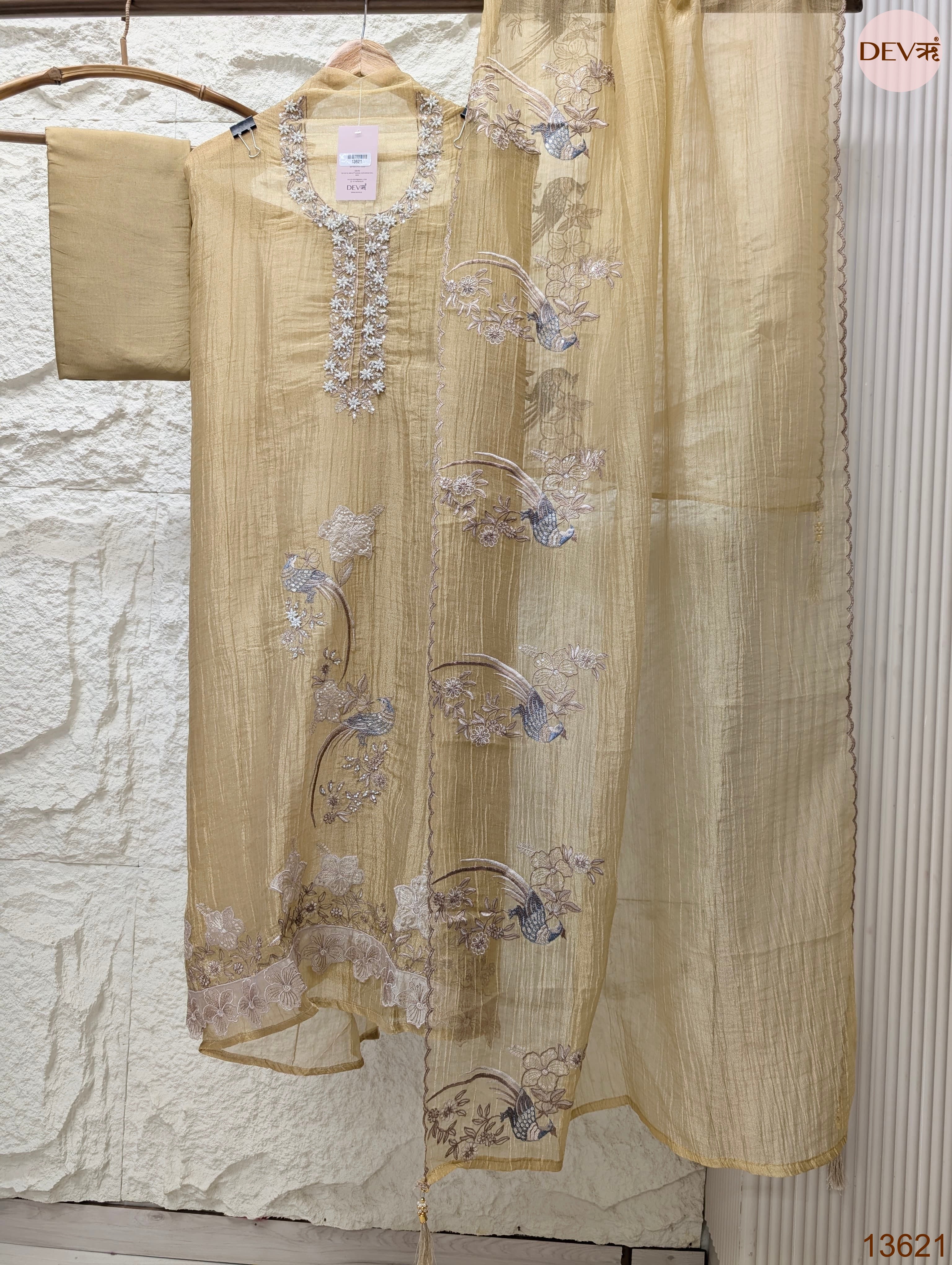Beige Tissue Crush Silk Embroidered Unstitched 3-Piece Suit (Devri – D.No 13621)