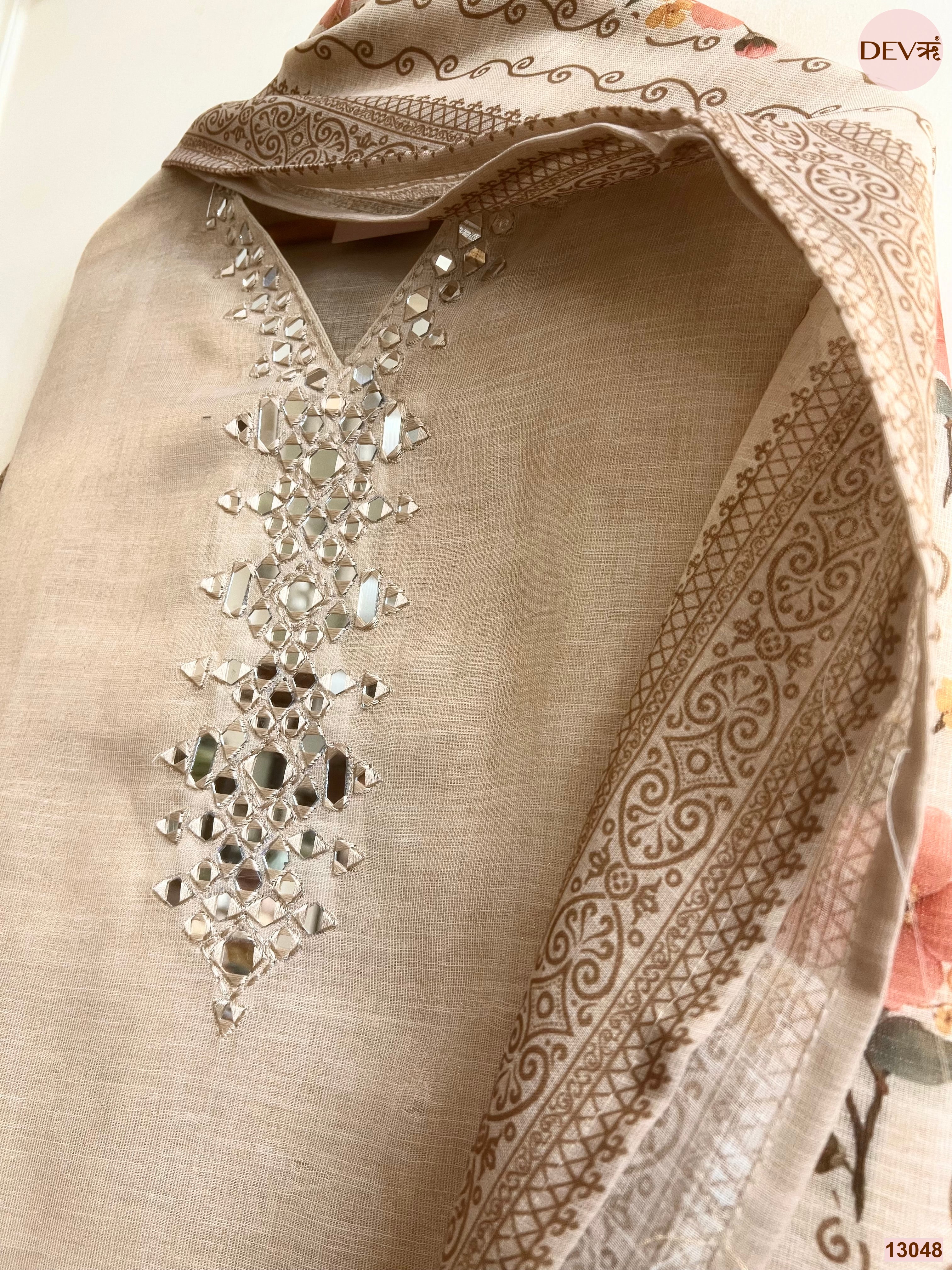 Beige Linen Printed Unstitched 3-Piece Suit (Devri – D.No 13048)