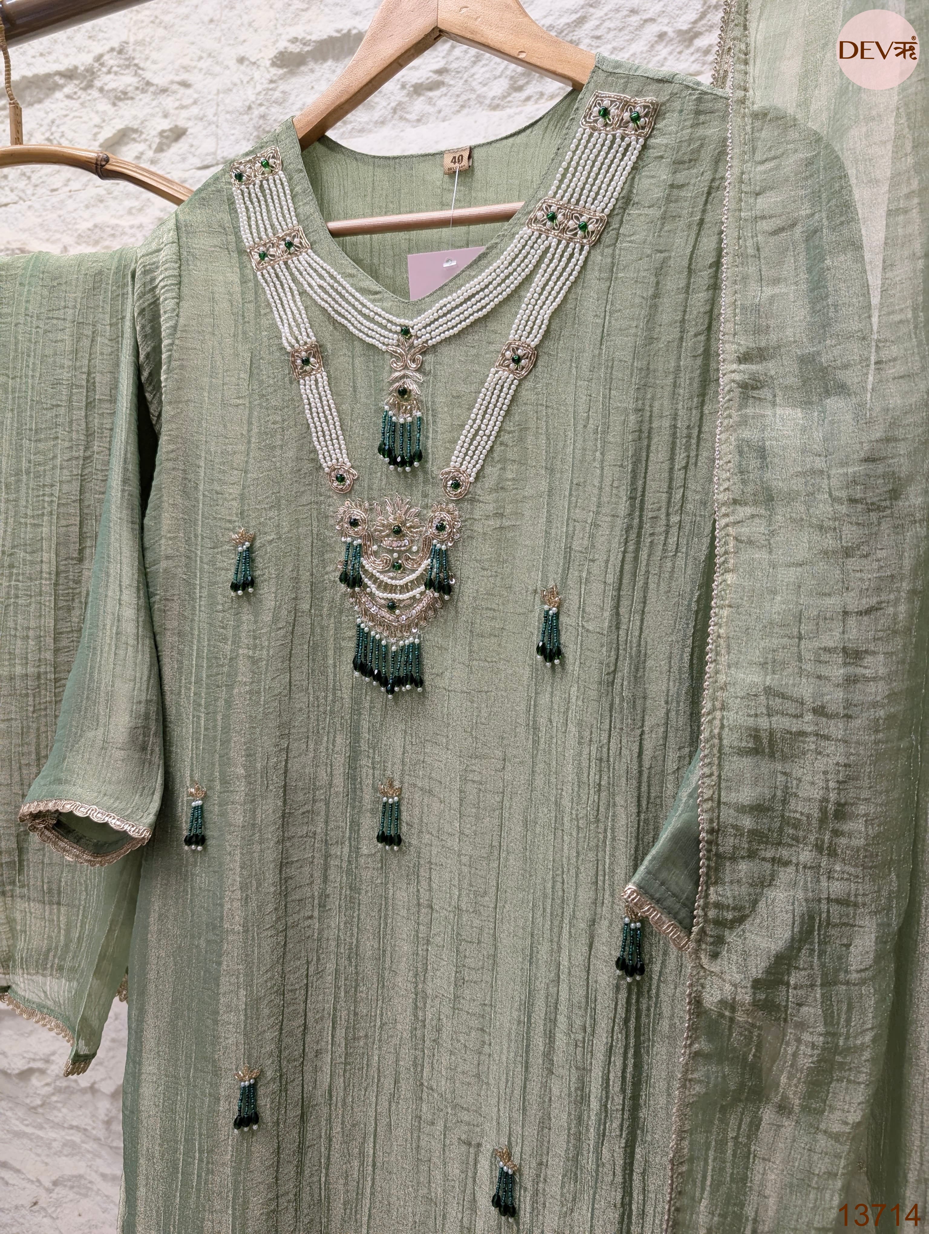 Gulnaar Tissue crush silk Embroidered Sage Green 3-Piece Set (Devri – D.No 13714)