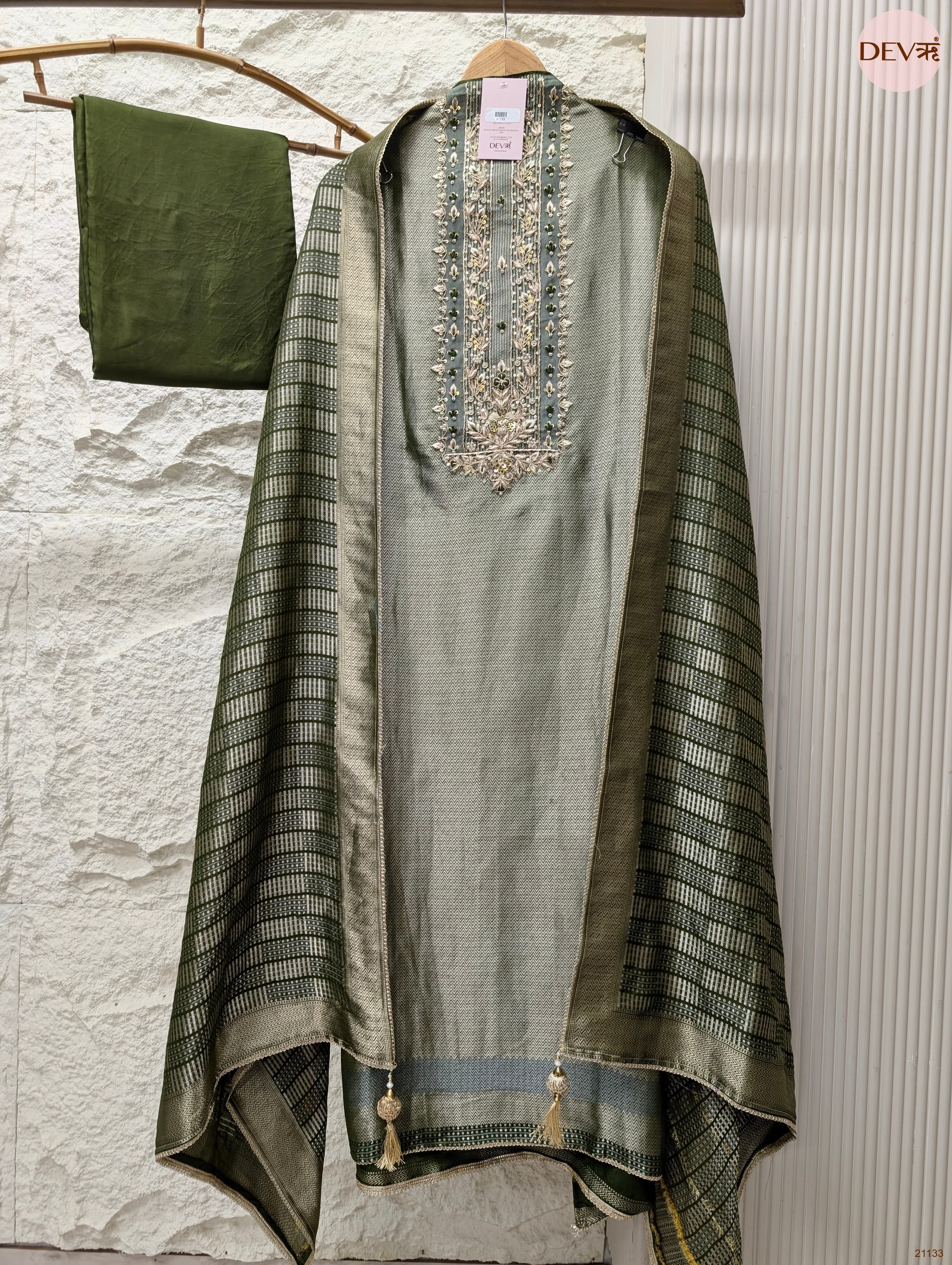 Olive Pure giraffe banarasi silk Embroidered Unstitched 3-Piece Suit (Devri – D.No 21133)