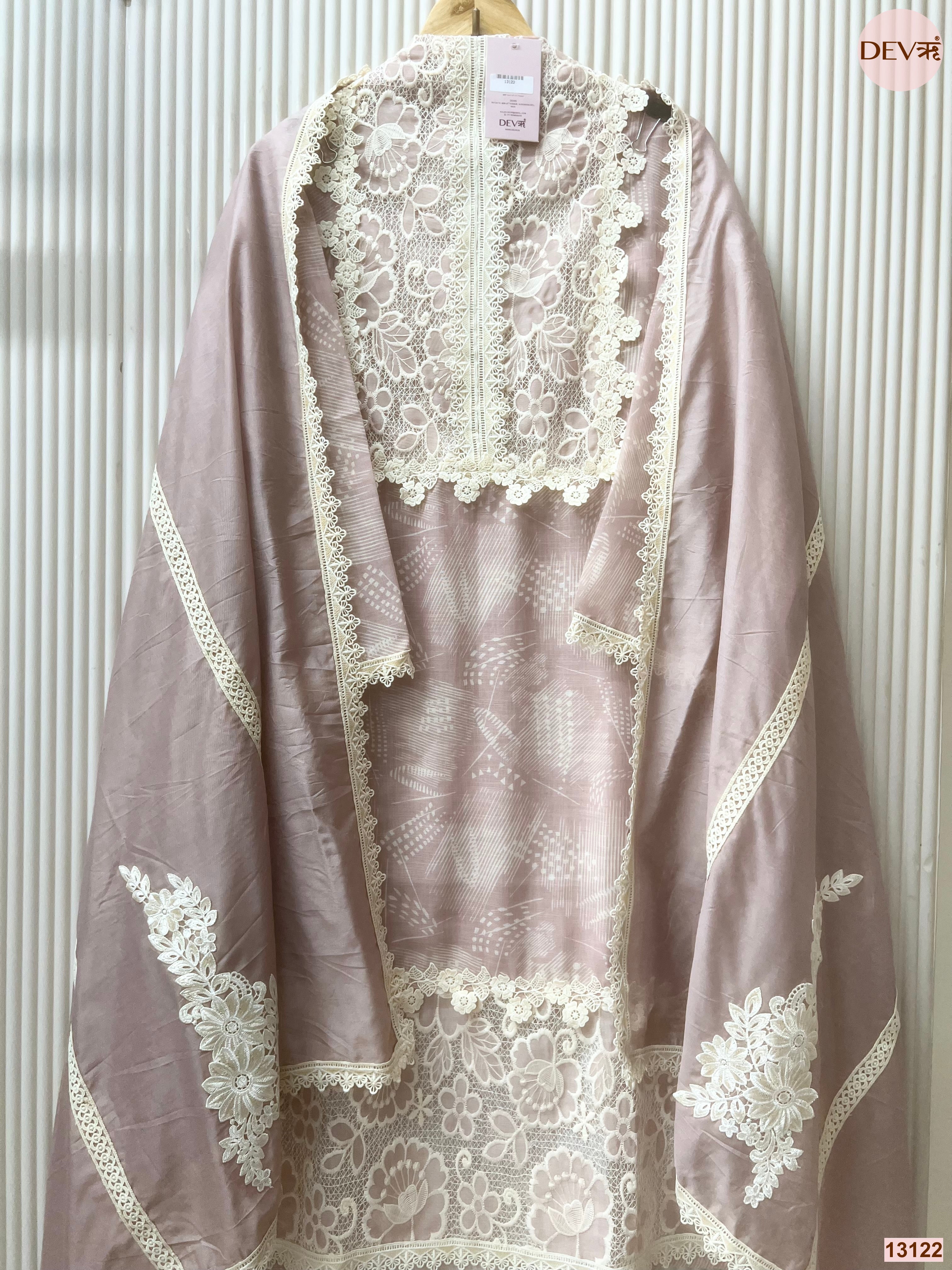 Pink Linen Embroidered Unstitched 3-Piece Suit (Devri – D.No 13122)