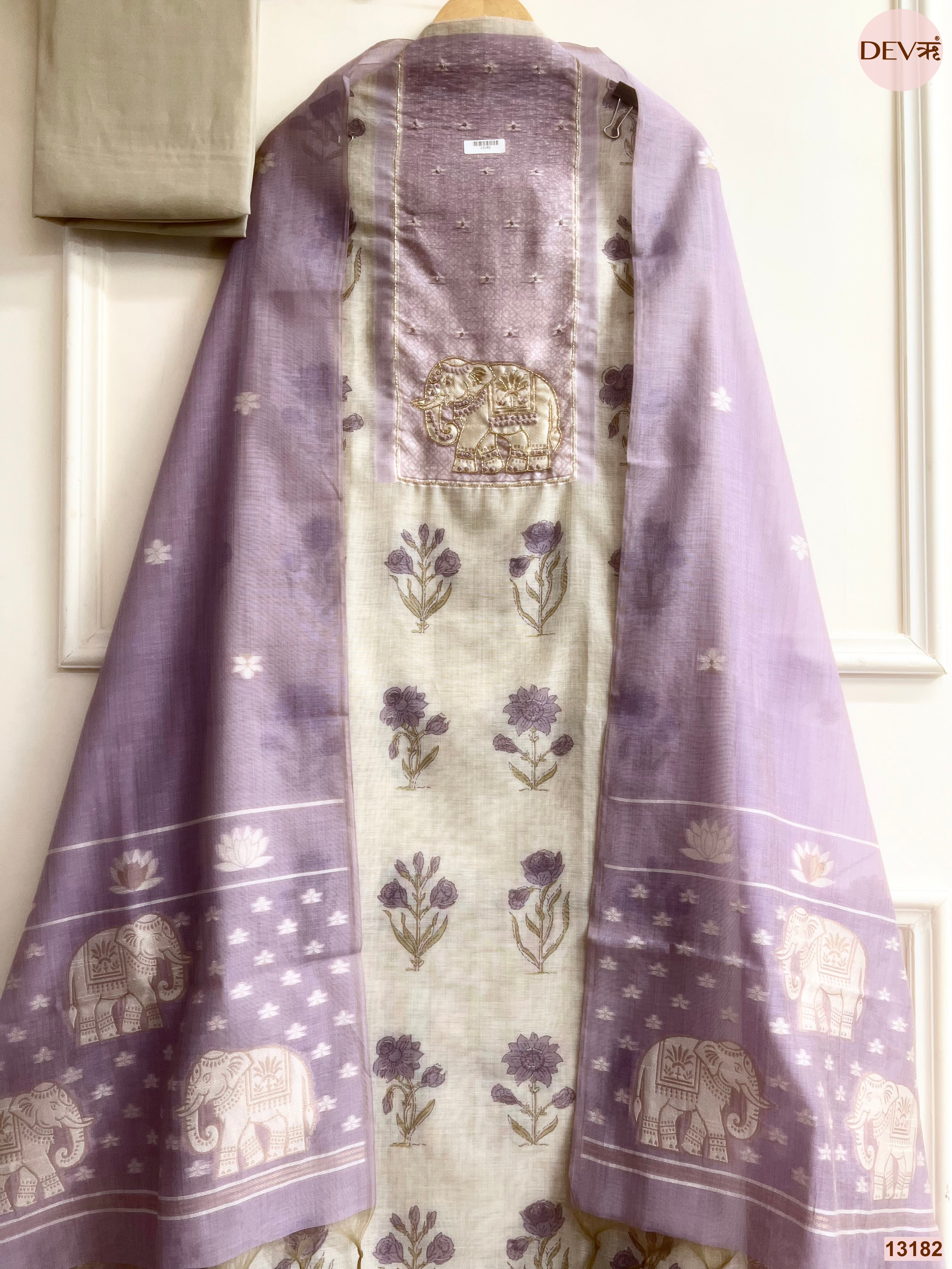 Lavender Mul Chanderi Printed Unstitched 3-Piece Suit (Devri – D.No 13182)