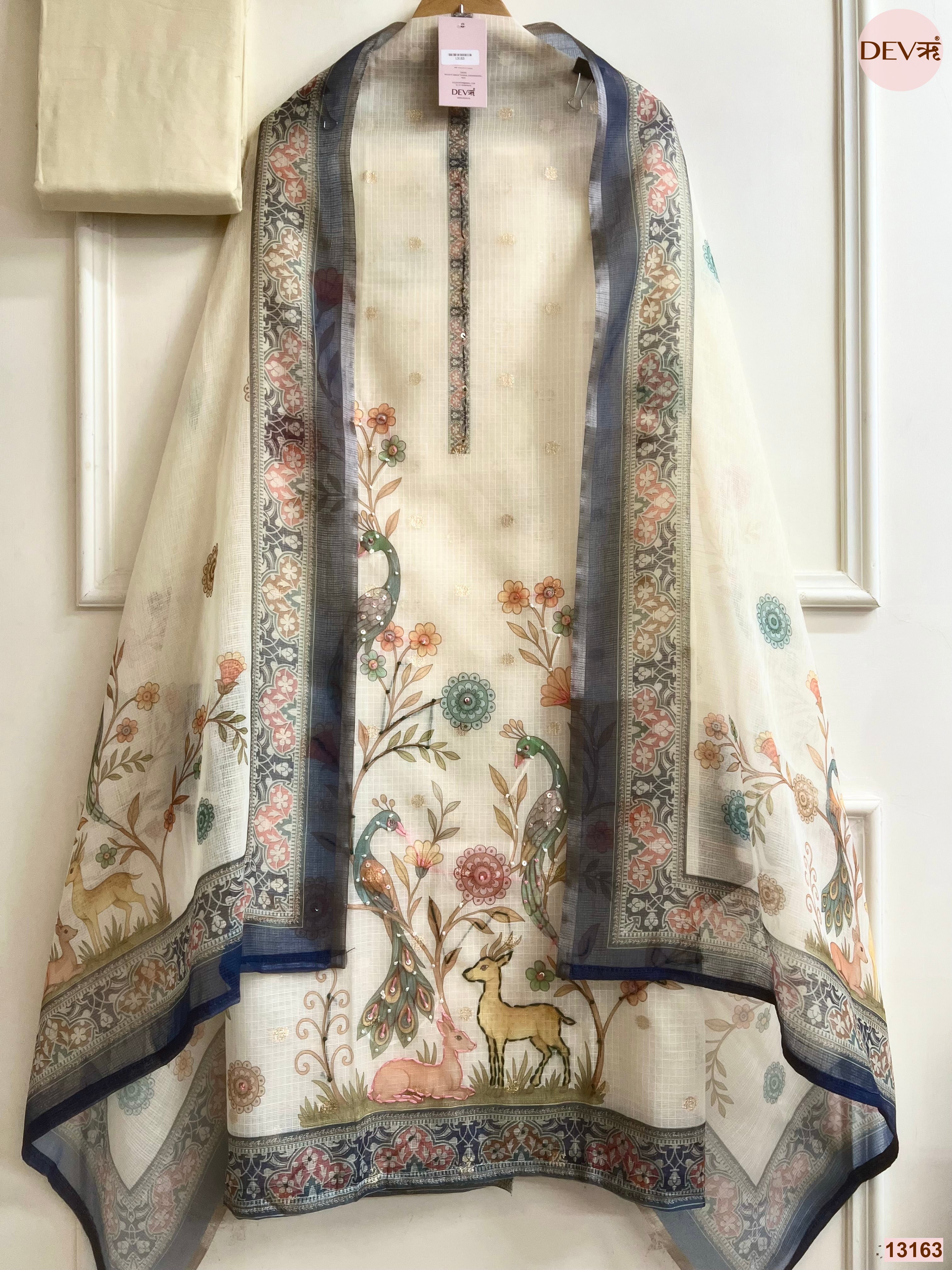 Cream Kota Printed Unstitched 3-Piece Suit (Devri – D.No 13163)