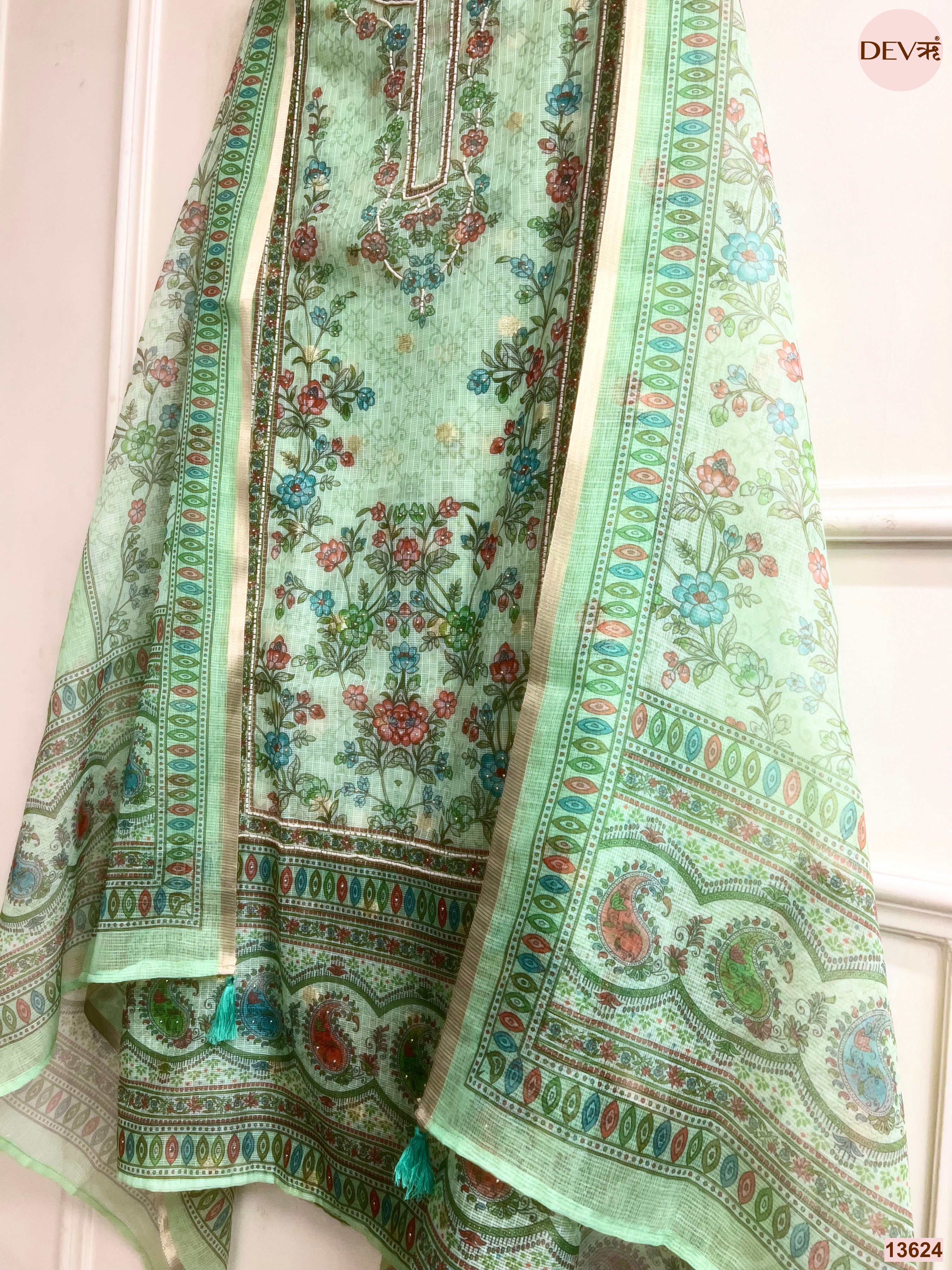 Mint Kota Zari Printed Unstitched 3-Piece Suit (Devri – D.No 13624)