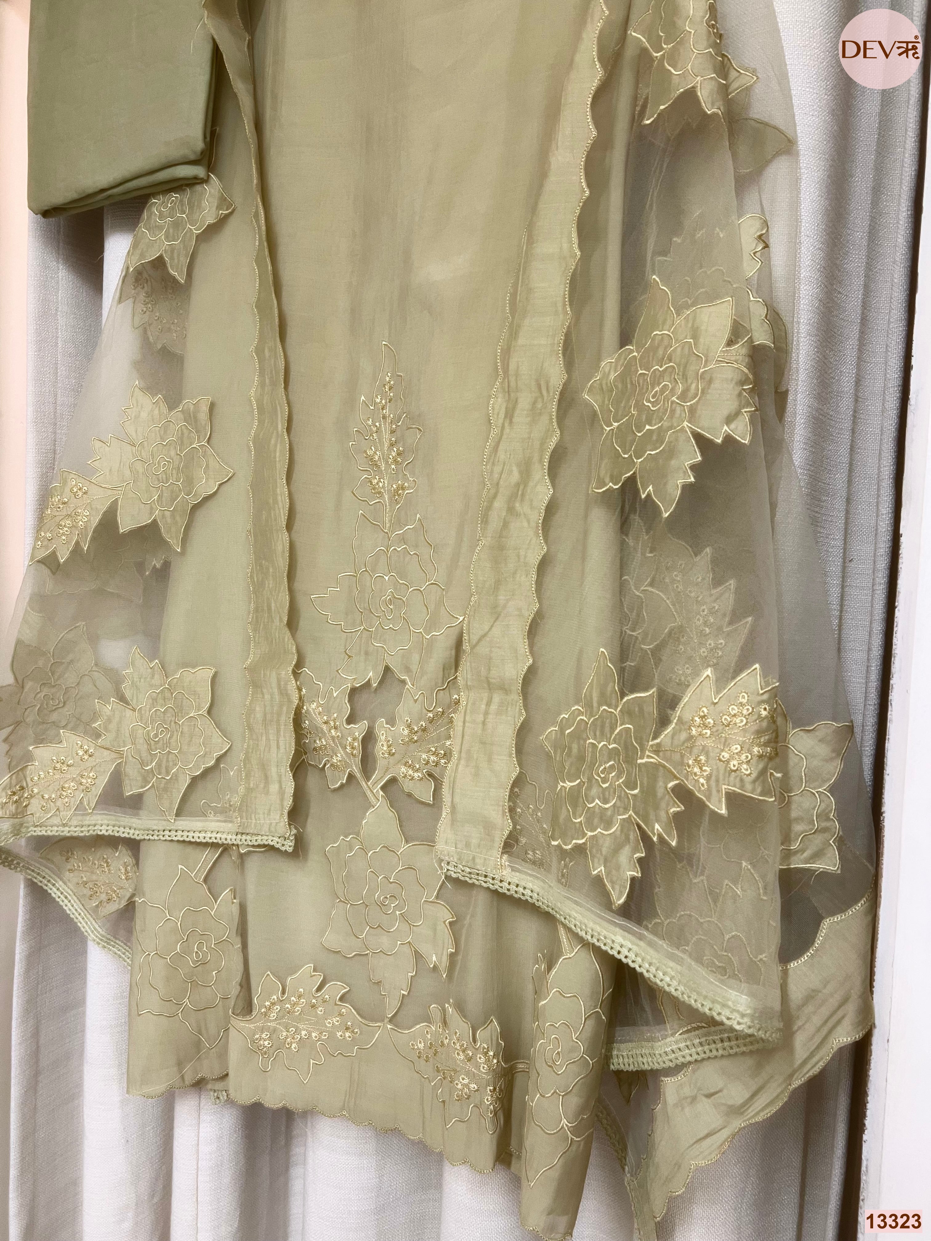 Green Mul Chanderi Embroidered Unstitched 3-Piece Suit (Devri – D.No 13323)