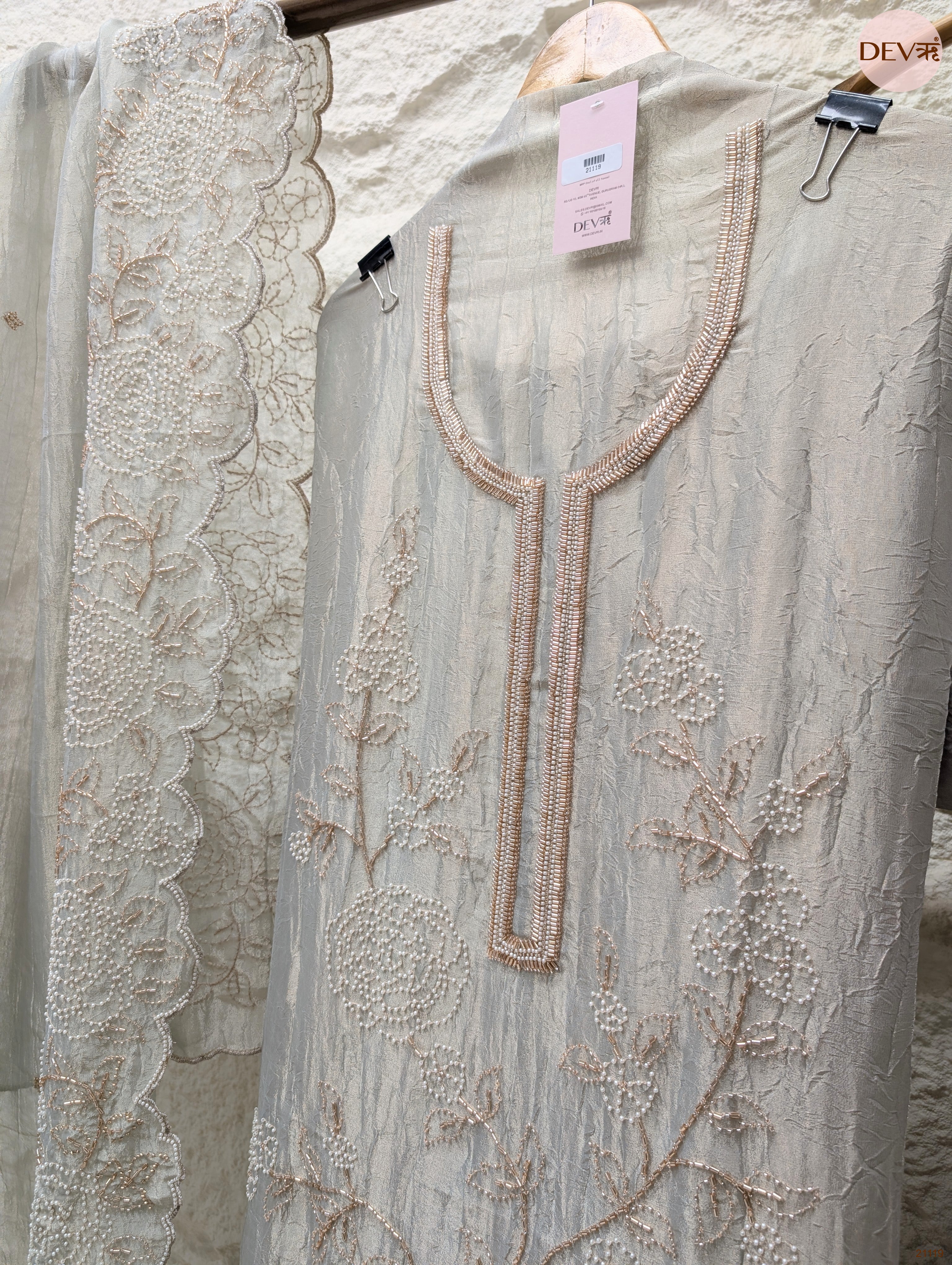 Grey Pure Tissue Crush Silk Embroidered Unstitched 3-Piece Suit (Devri – D.No 21119)