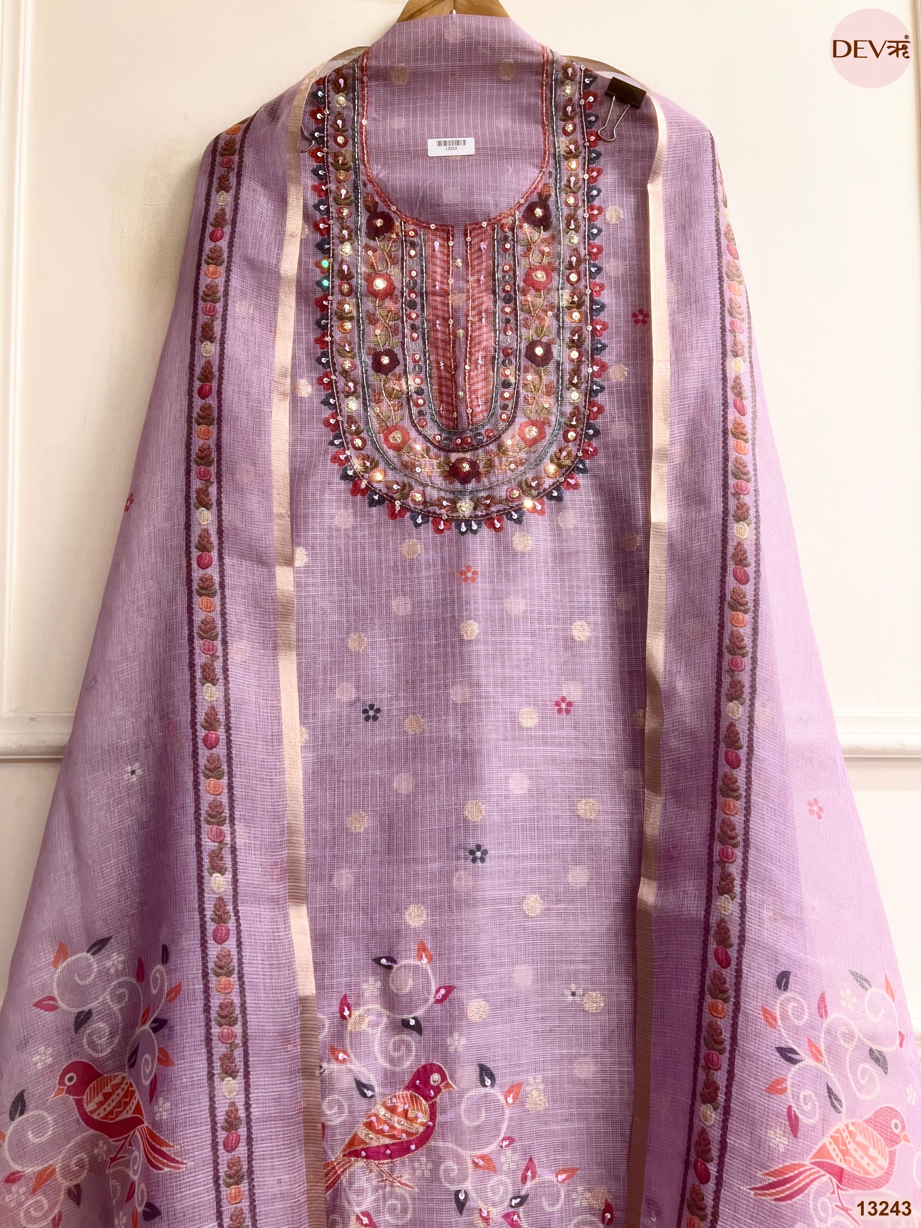 Lavender Kota Printed Unstitched 3-Piece Suit (Devri – D.No 13243)