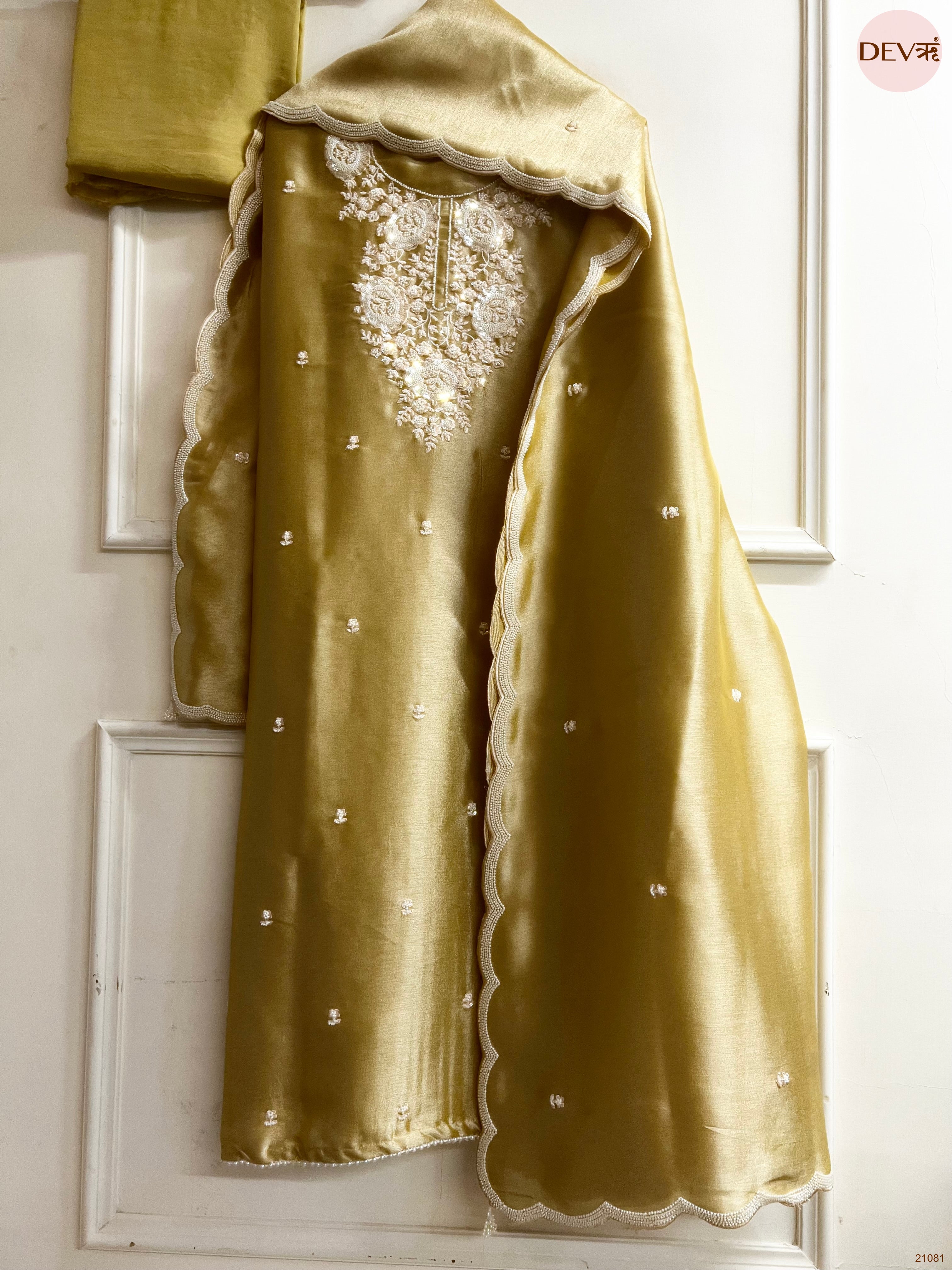 Olive Pure Tissue Giraffe Silk Embroidered Unstitched 3-Piece Suit (Devri – D.No 21081)