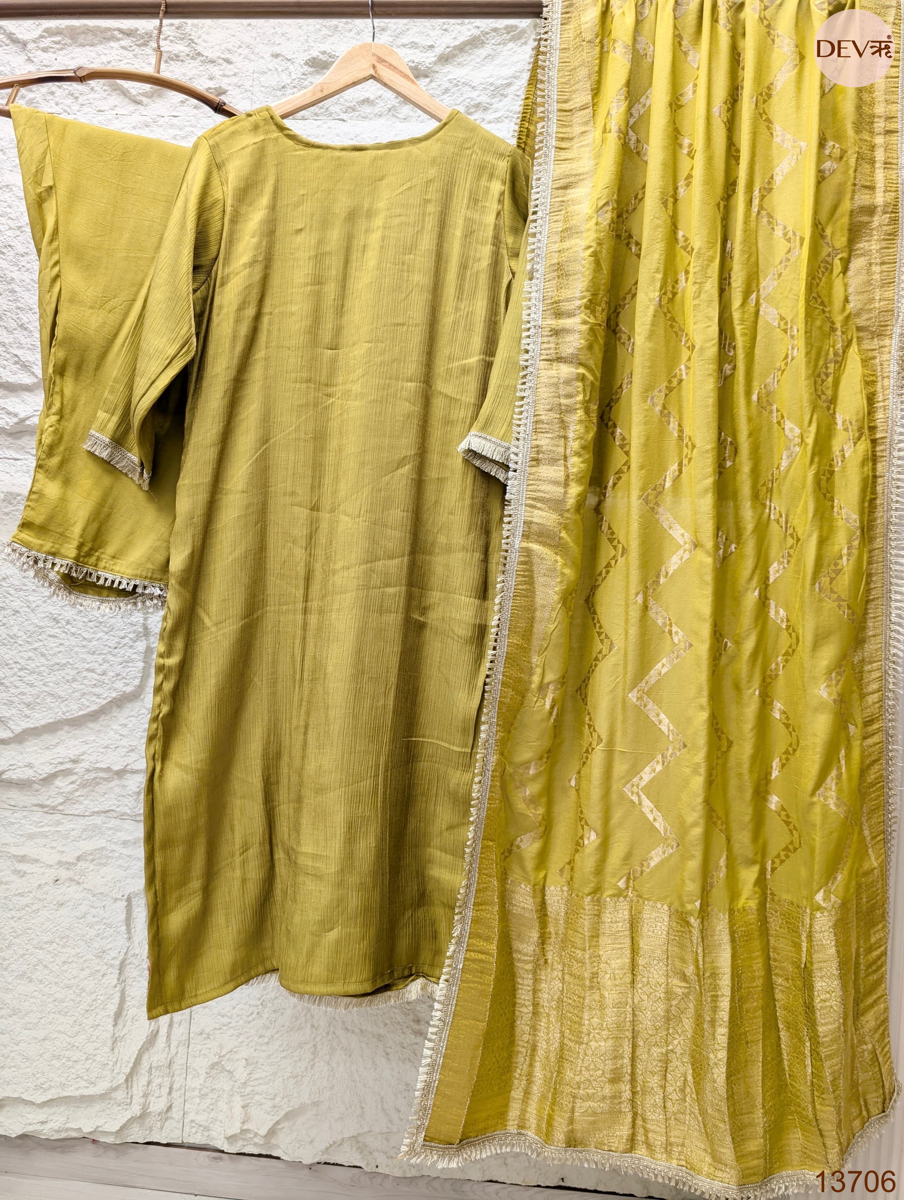 Gulnaar Tissue silk blend Embroidered Olive Green 3-Piece Set (Devri – D.No 13706)