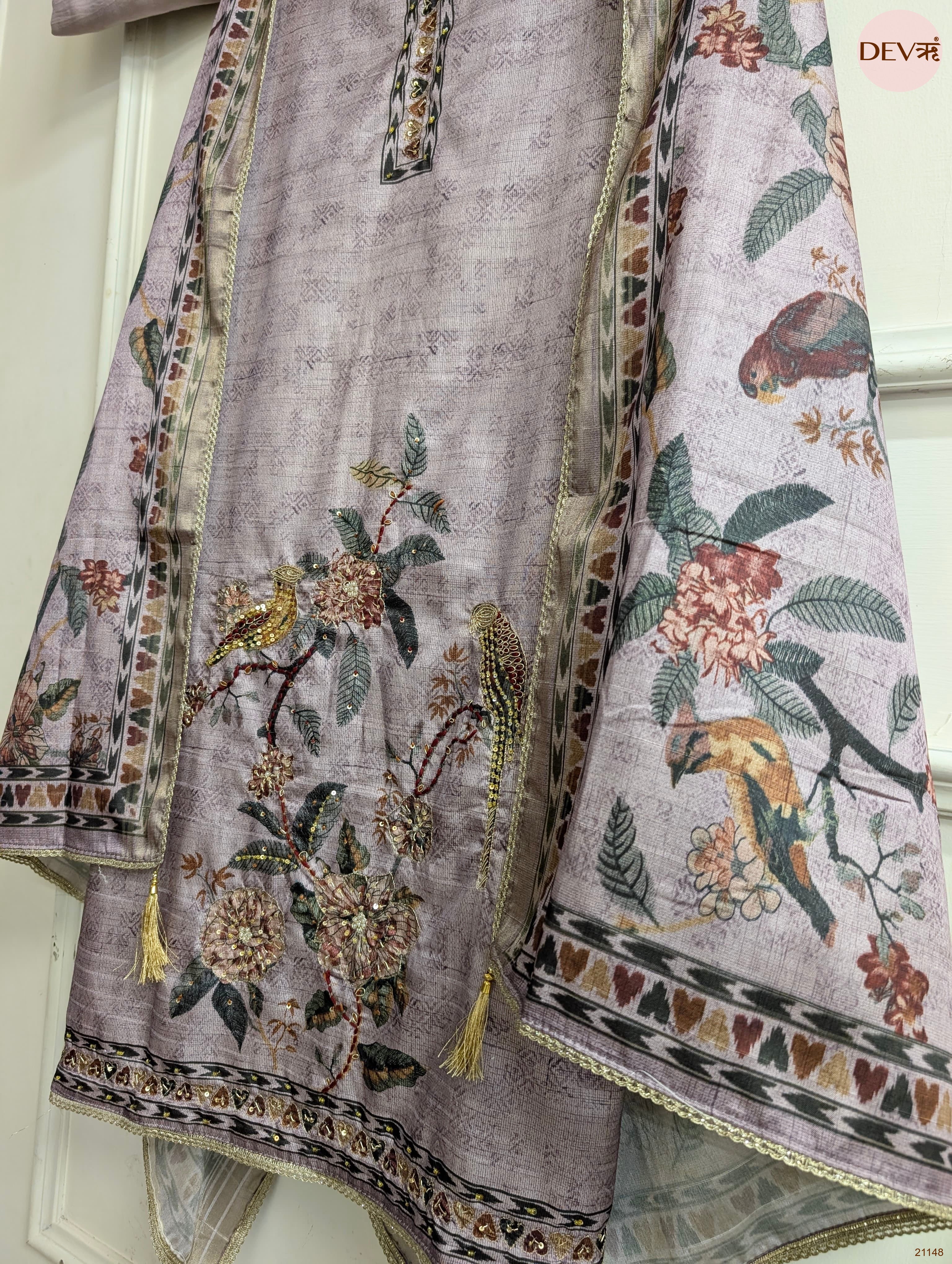 Lavender Mul Chanderi Silk Printed Unstitched 3-Piece Suit (Devri – D.No 21148)