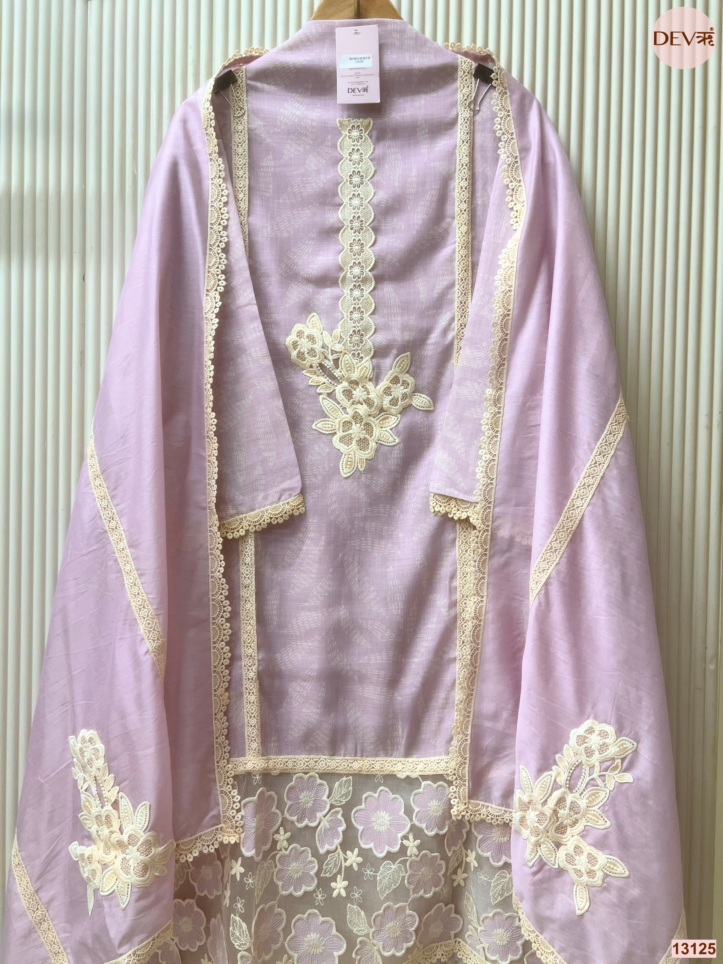 Lavender Linen Cotton Embroidered Unstitched 3-Piece Suit (Devri – D.No 13125)