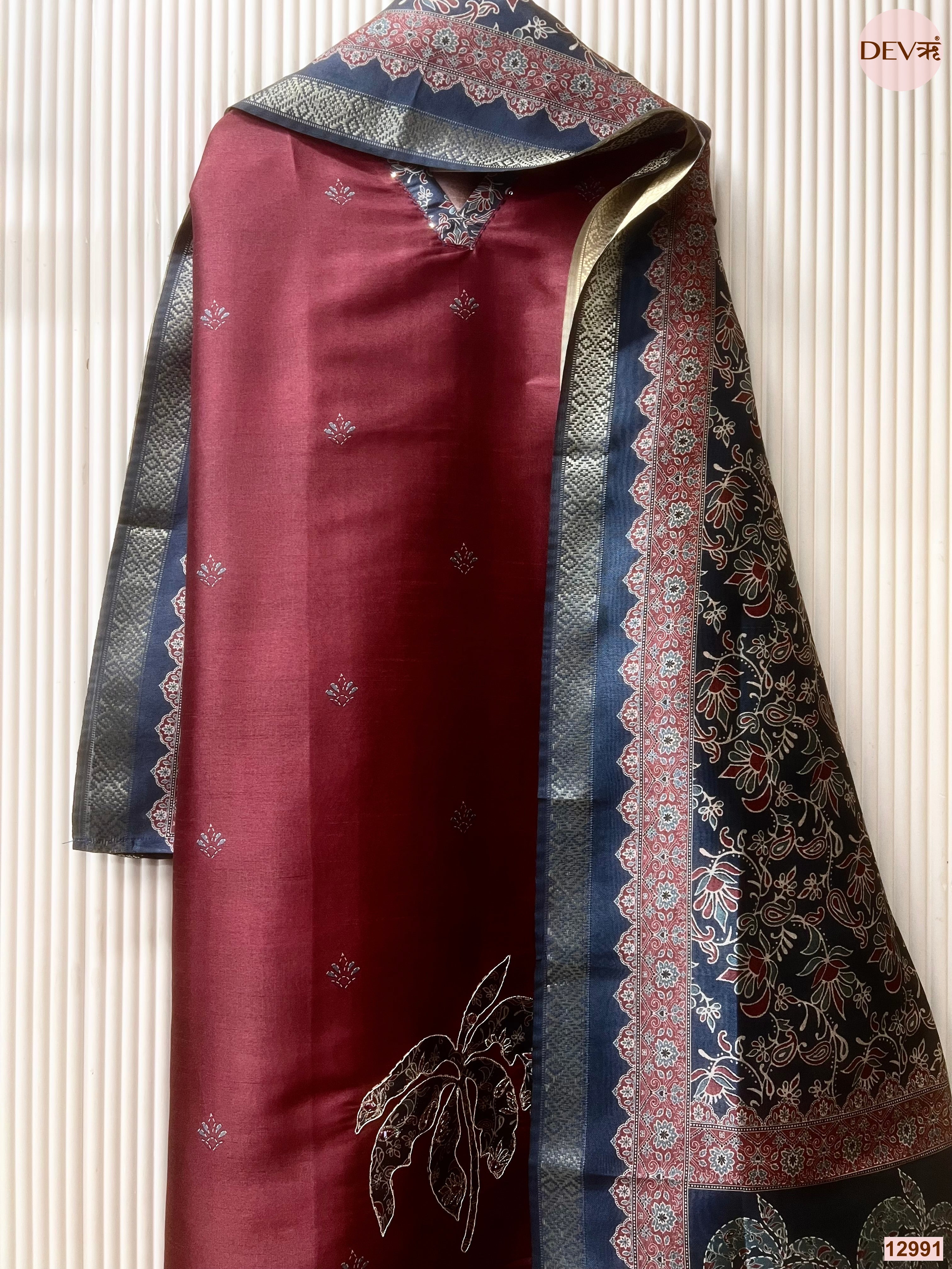 Maroon Raw Silk Printed Unstitched 3-Piece Suit (Devri – D.No 12991)