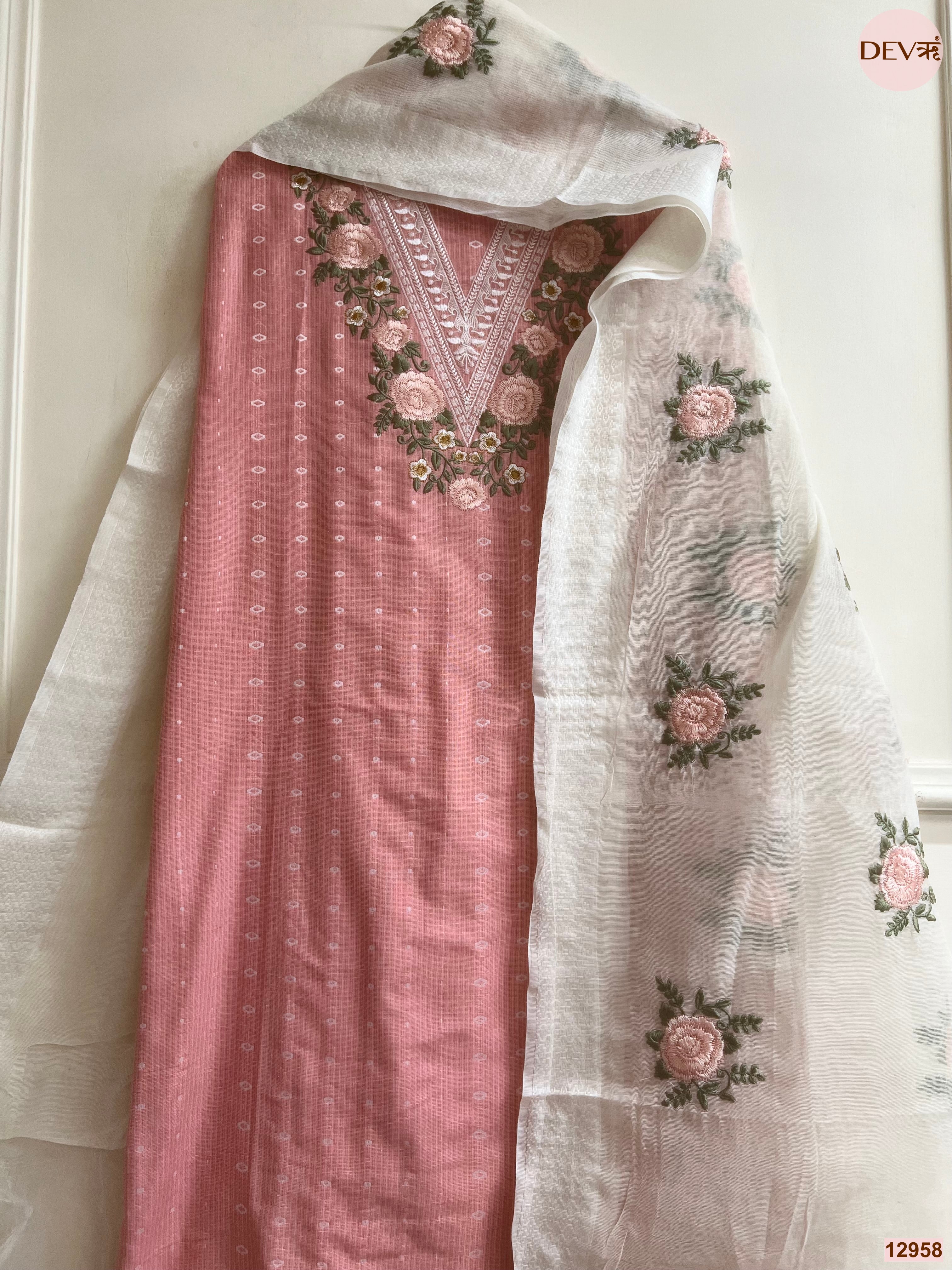 Pink Cotton Handloom Embroidered Unstitched 3-Piece Suit (Devri – D.No 12958)