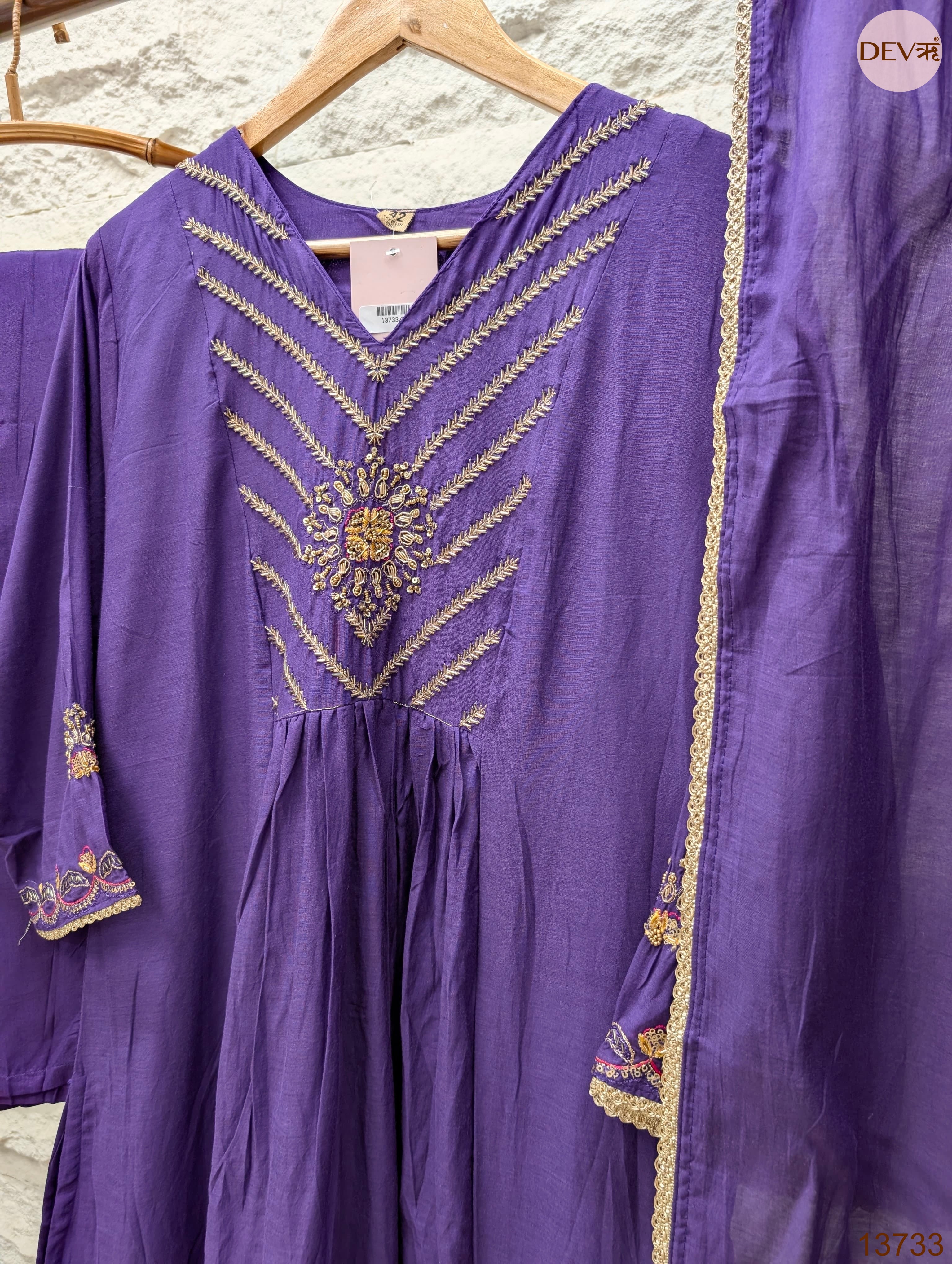 Zarmina Mul Chanderi Embroidered Purple 3-Piece Set (Devri – D.No 13733)
