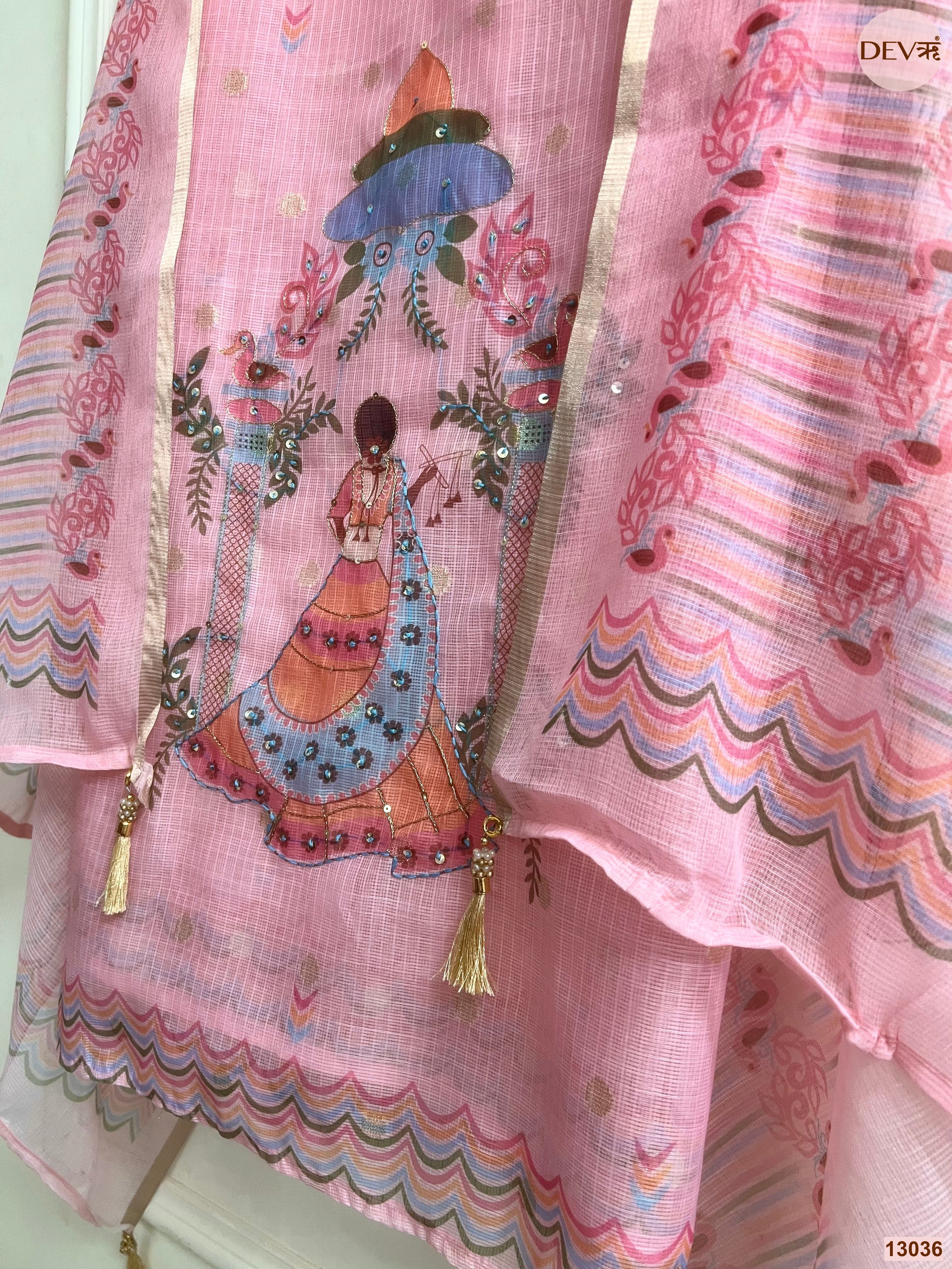 Pink Kota Zari Printed Unstitched 3-Piece Suit (Devri – D.No 13036)