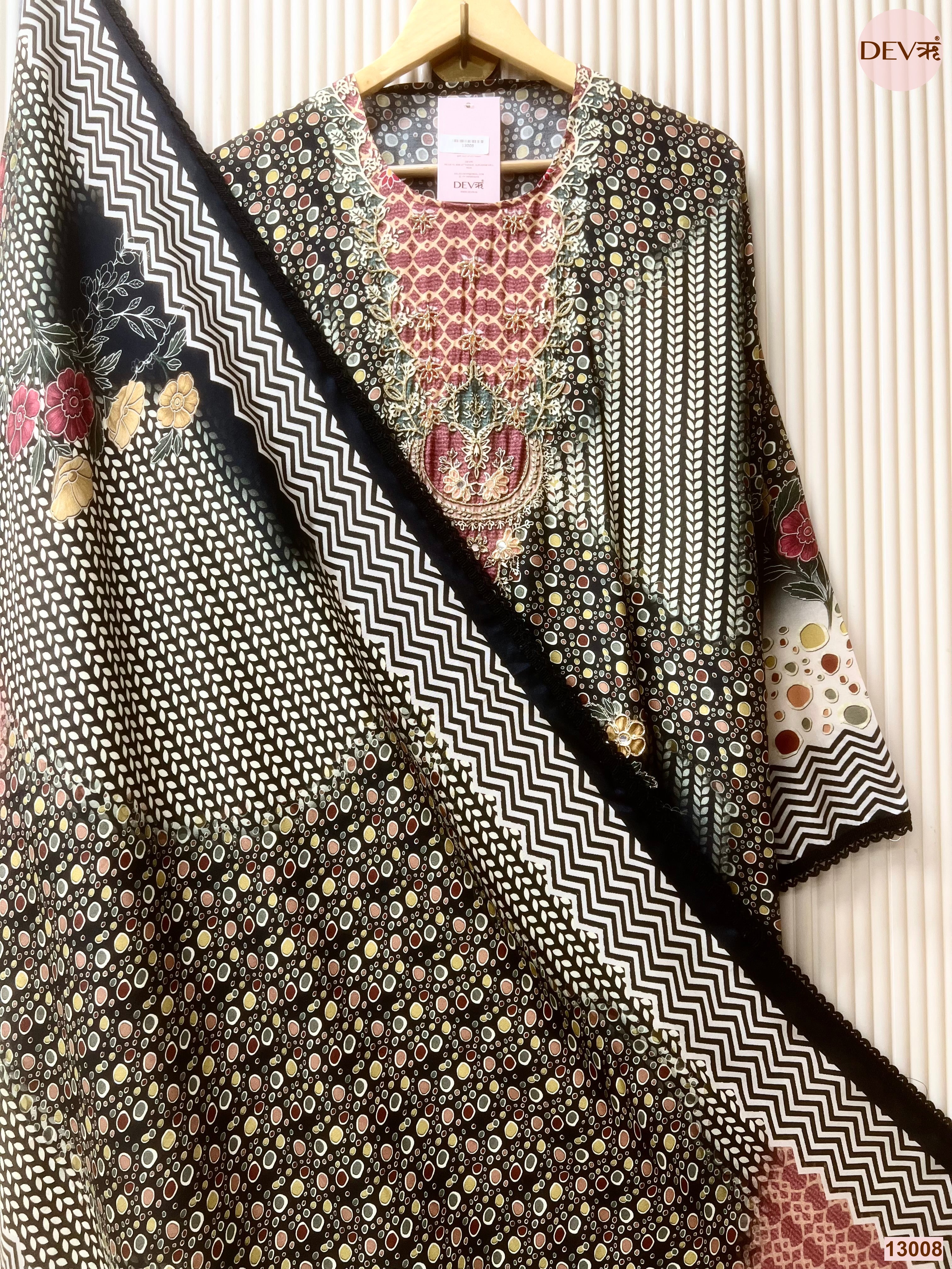 Black Muslin Printed Unstitched 3-Piece Suit (Devri – D.No 13008)