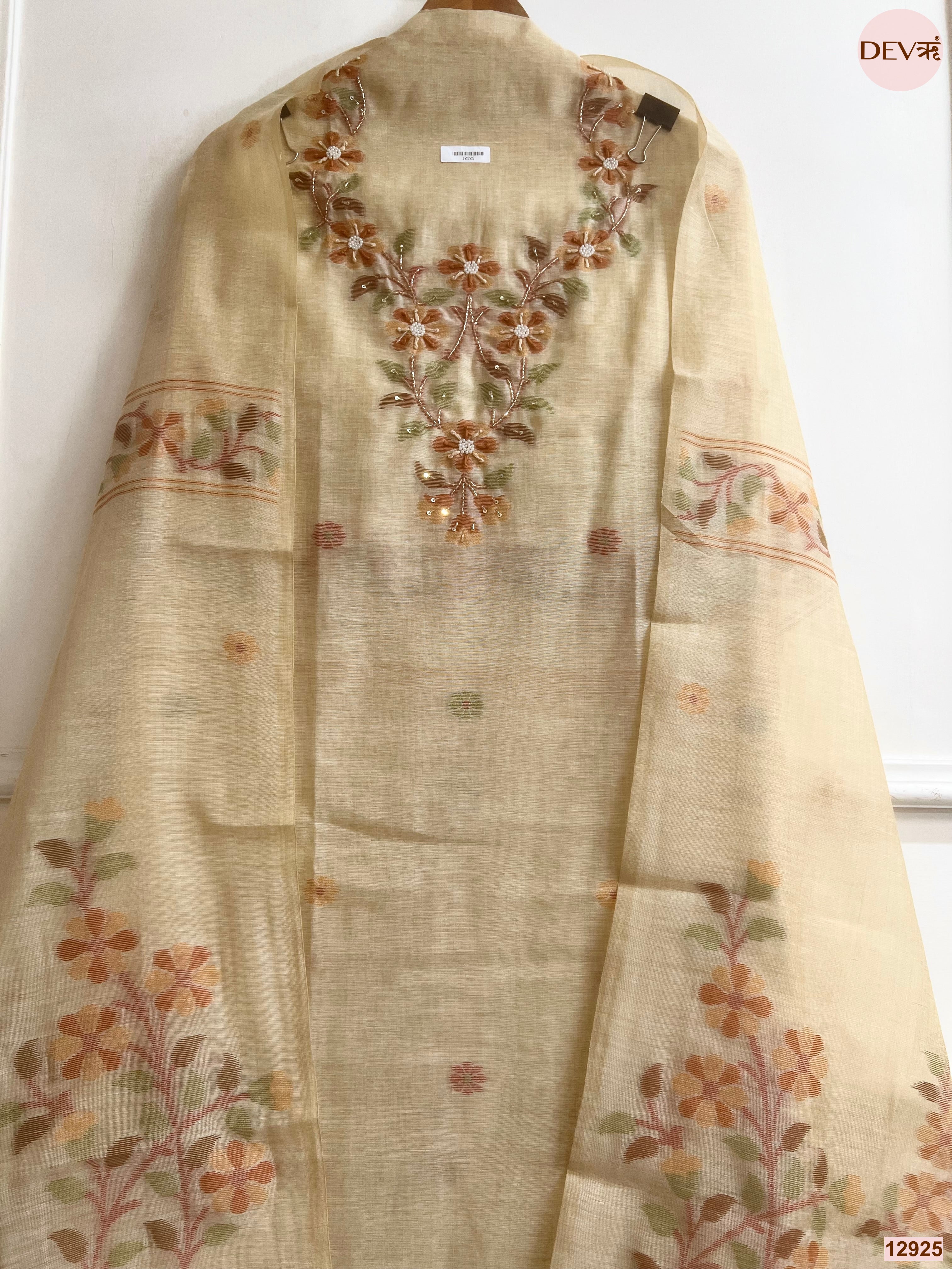 Cream Jamdani Cotton Embroidered Unstitched 3-Piece Suit (Devri – D.No 12925)