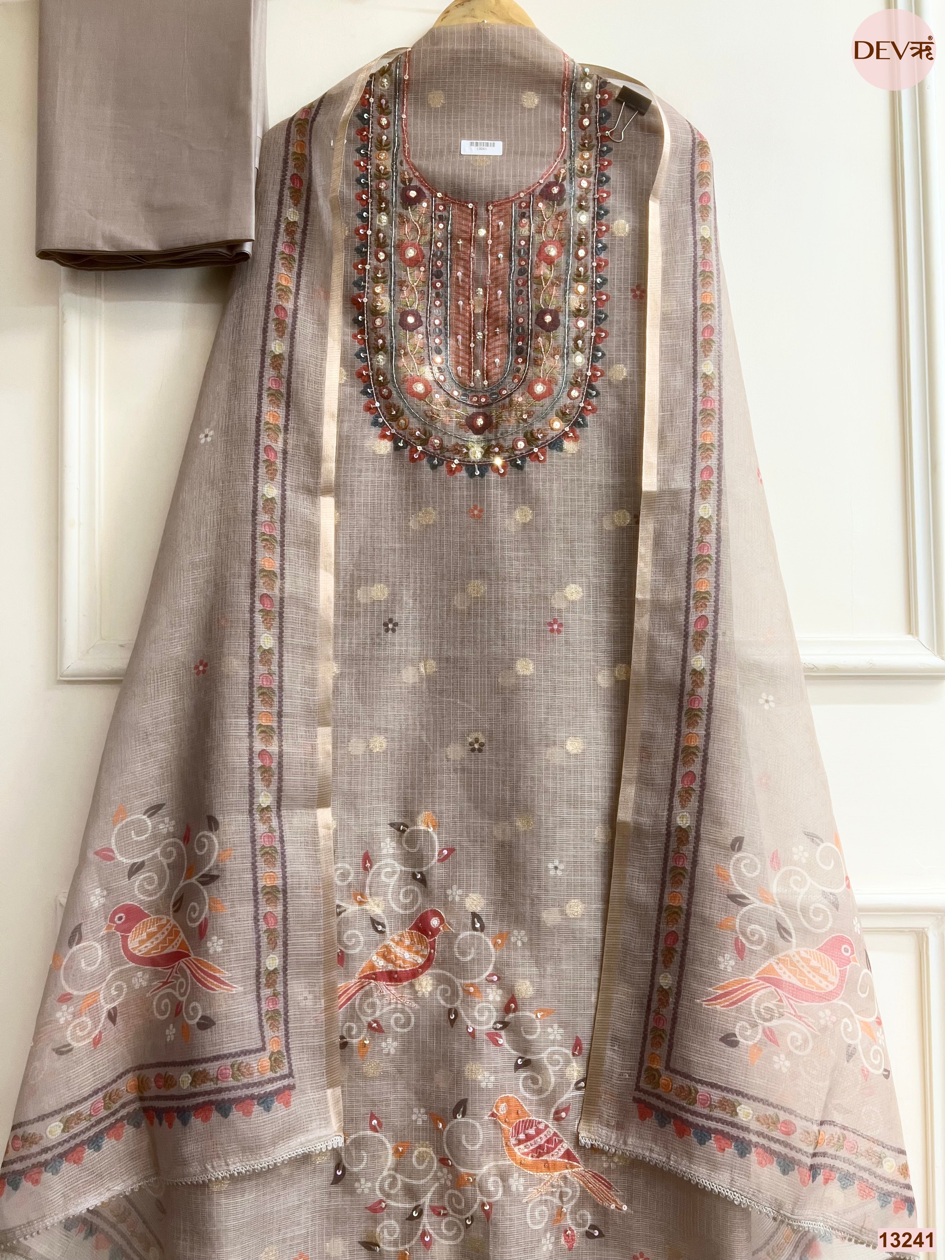 Taupe Kota Printed Unstitched 3-Piece Suit (Devri – D.No 13241)