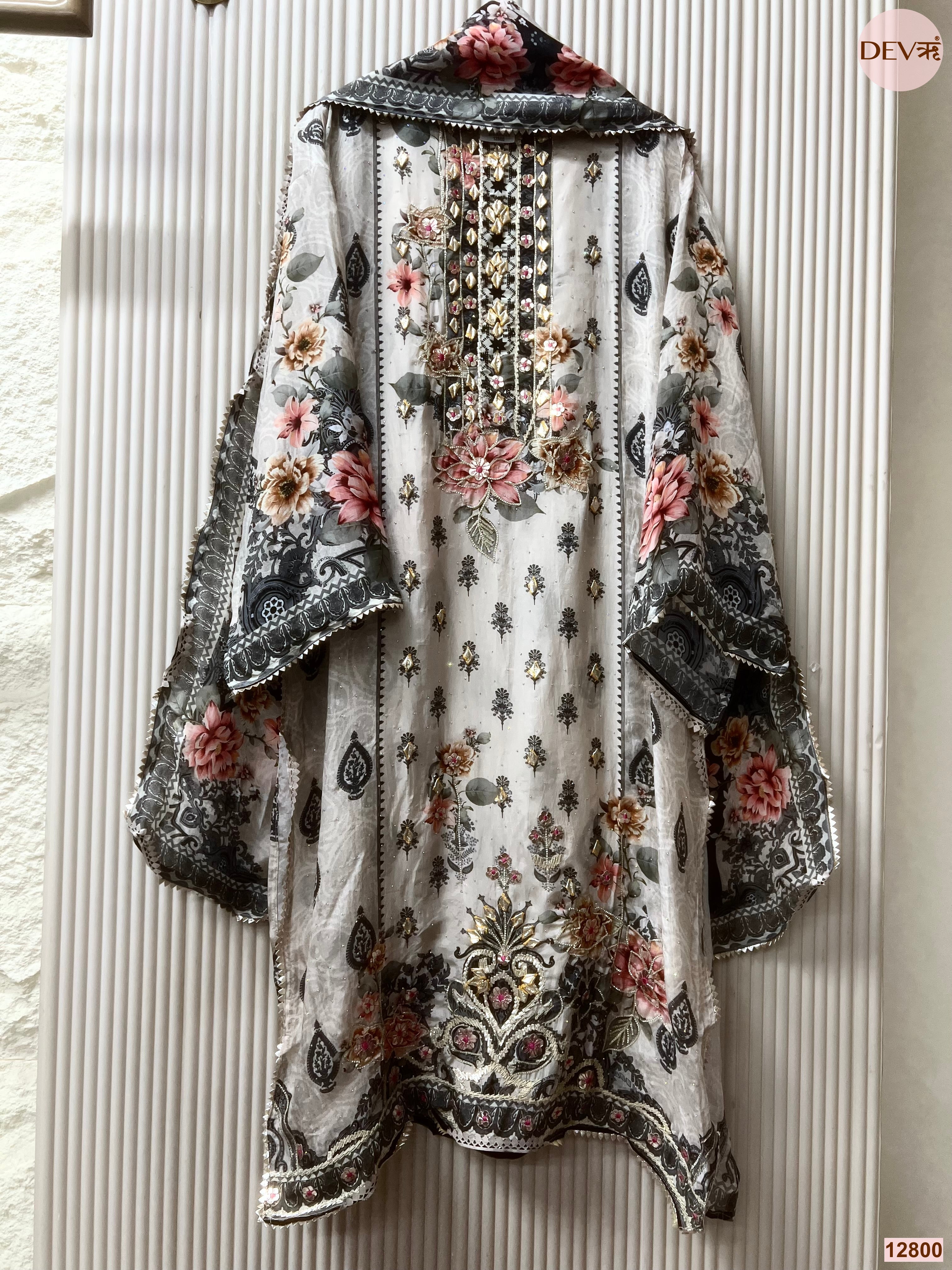 Grey Glass organza Silk Printed Unstitched 3-Piece Suit (Devri – D.No 12800)