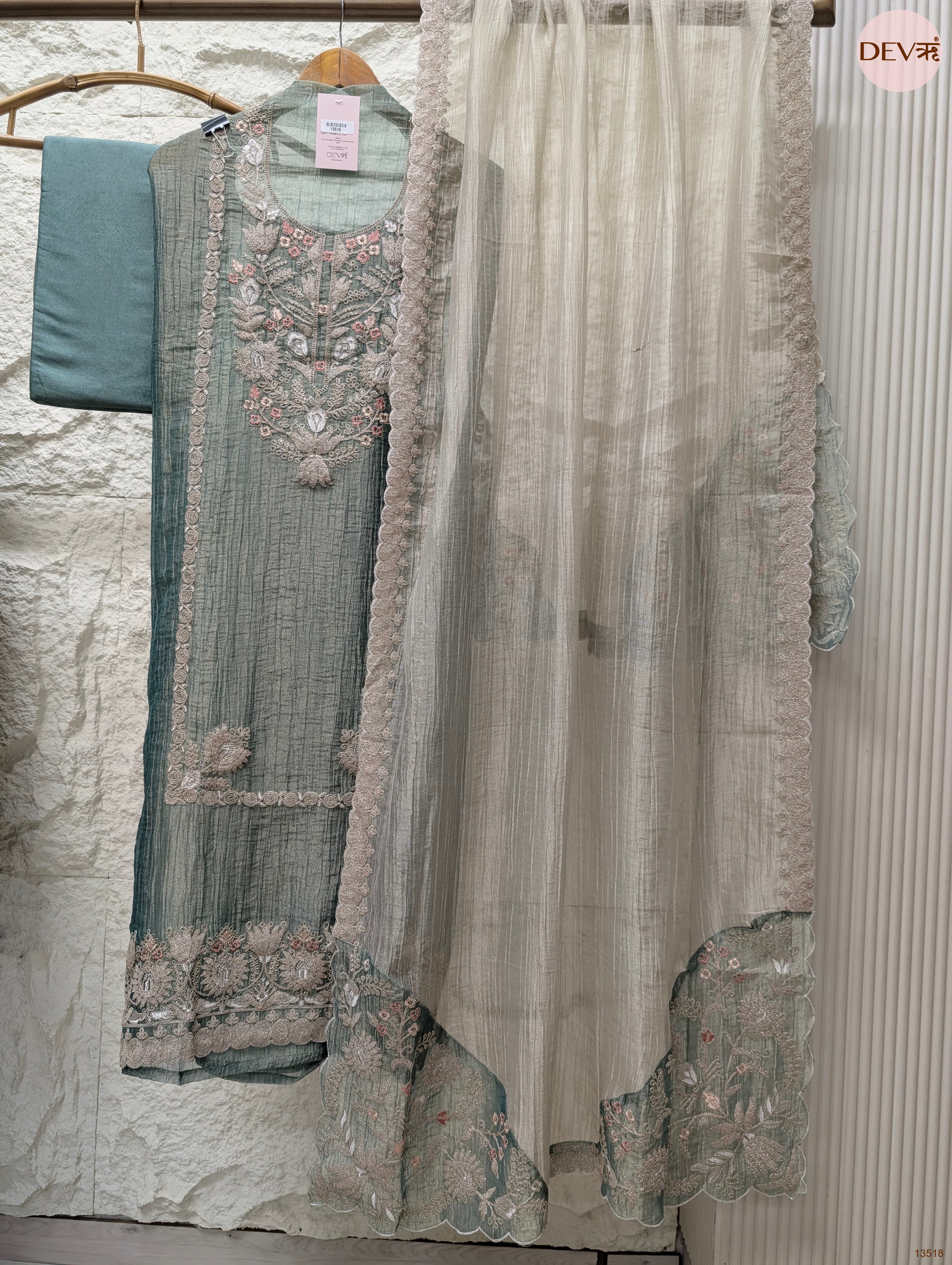 Green Tissue Silk Embroidered Unstitched 3-Piece Suit (Devri – D.No 13518)
