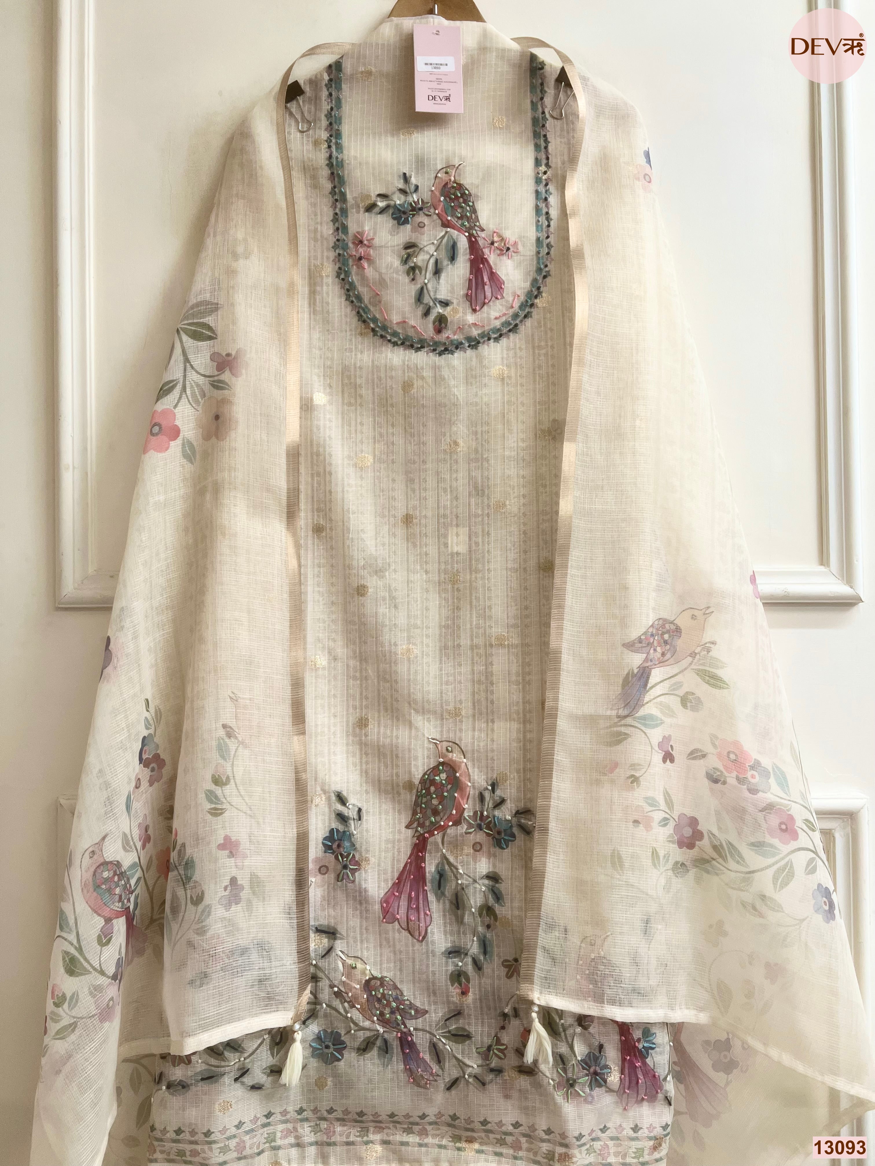 Cream Kota Embroidered Unstitched 3-Piece Suit (Devri – D.No 13093)