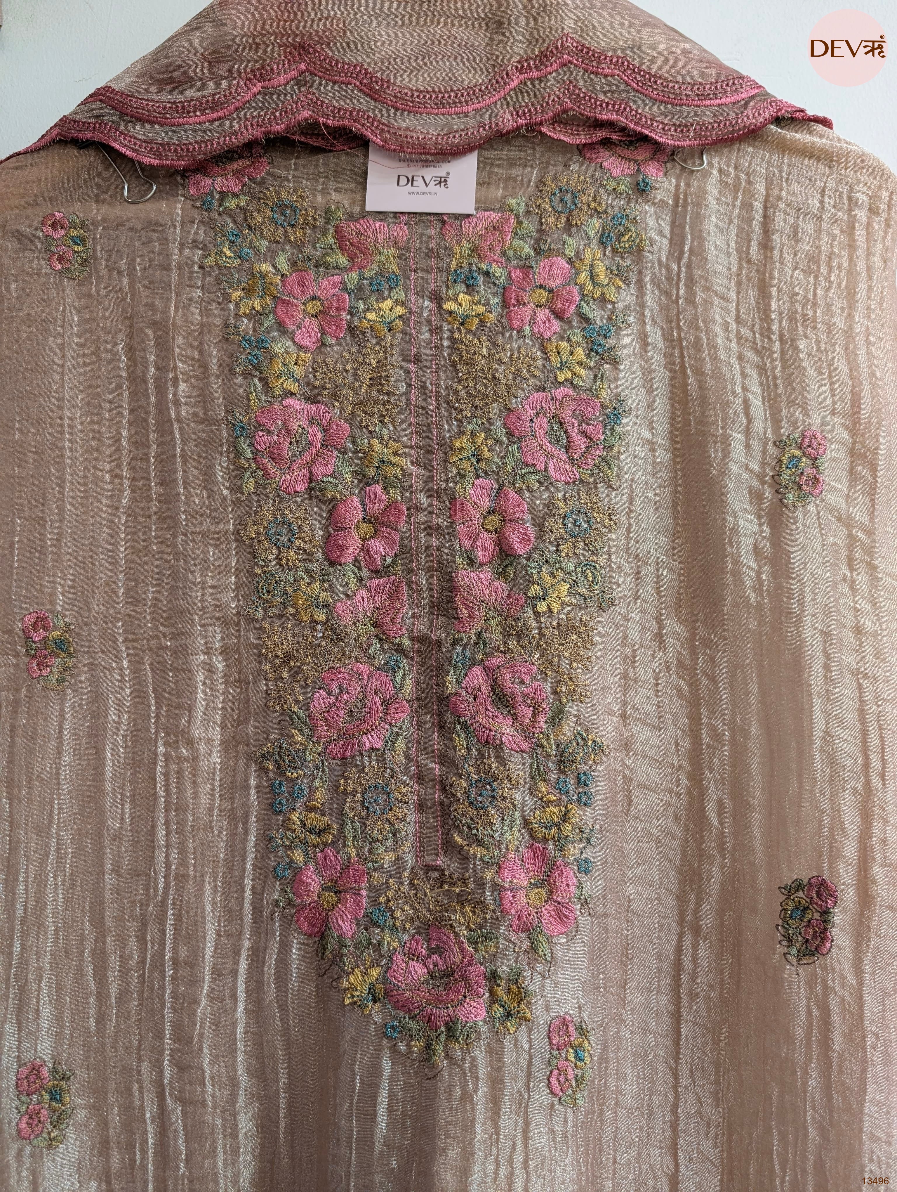 Beige Tissue Crush Silk Embroidered Unstitched 3-Piece Suit (Devri – D.No 13496)