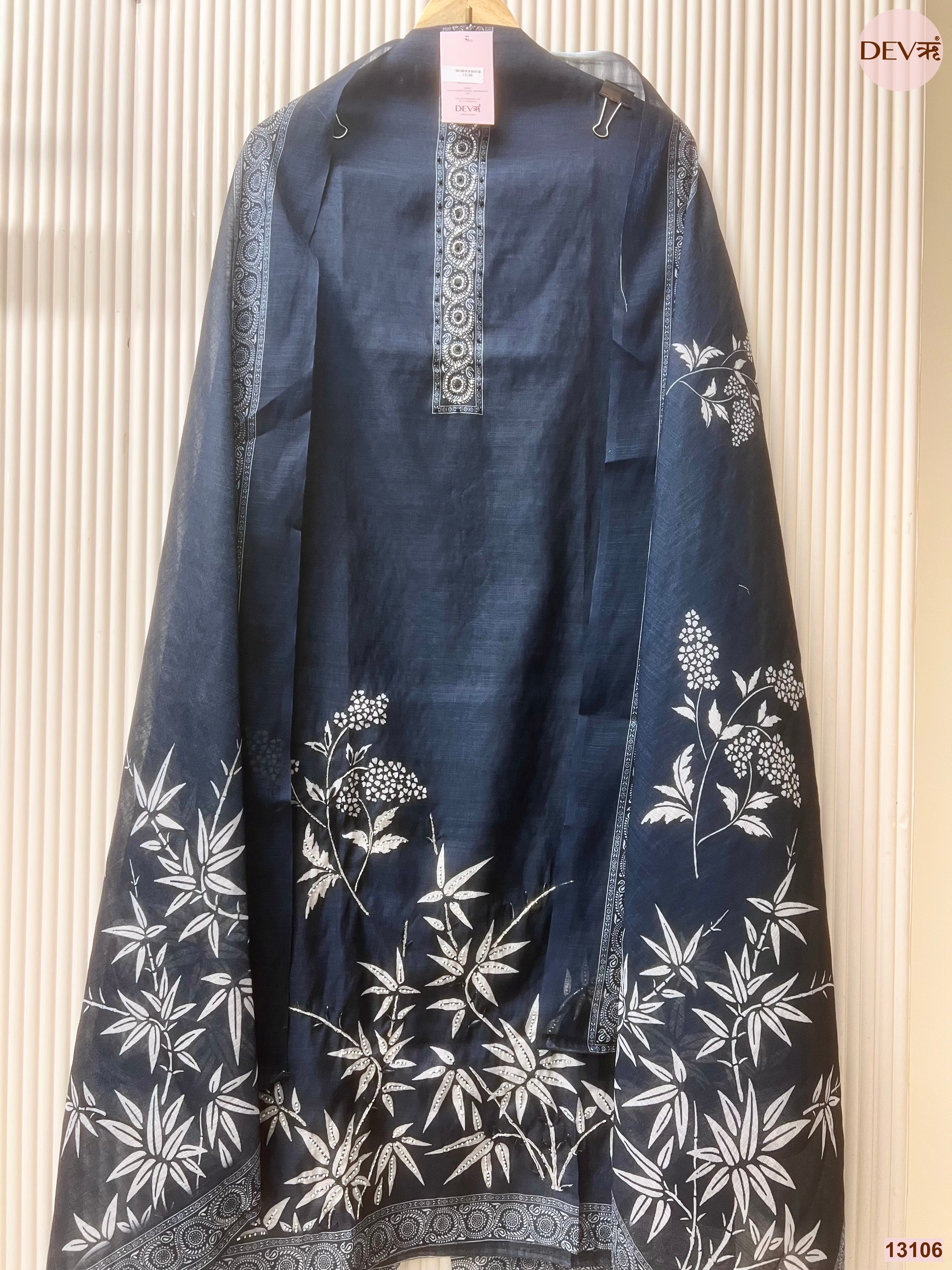 Navy Linen Cotton Printed Unstitched 3-Piece Suit (Devri – D.No 13106)