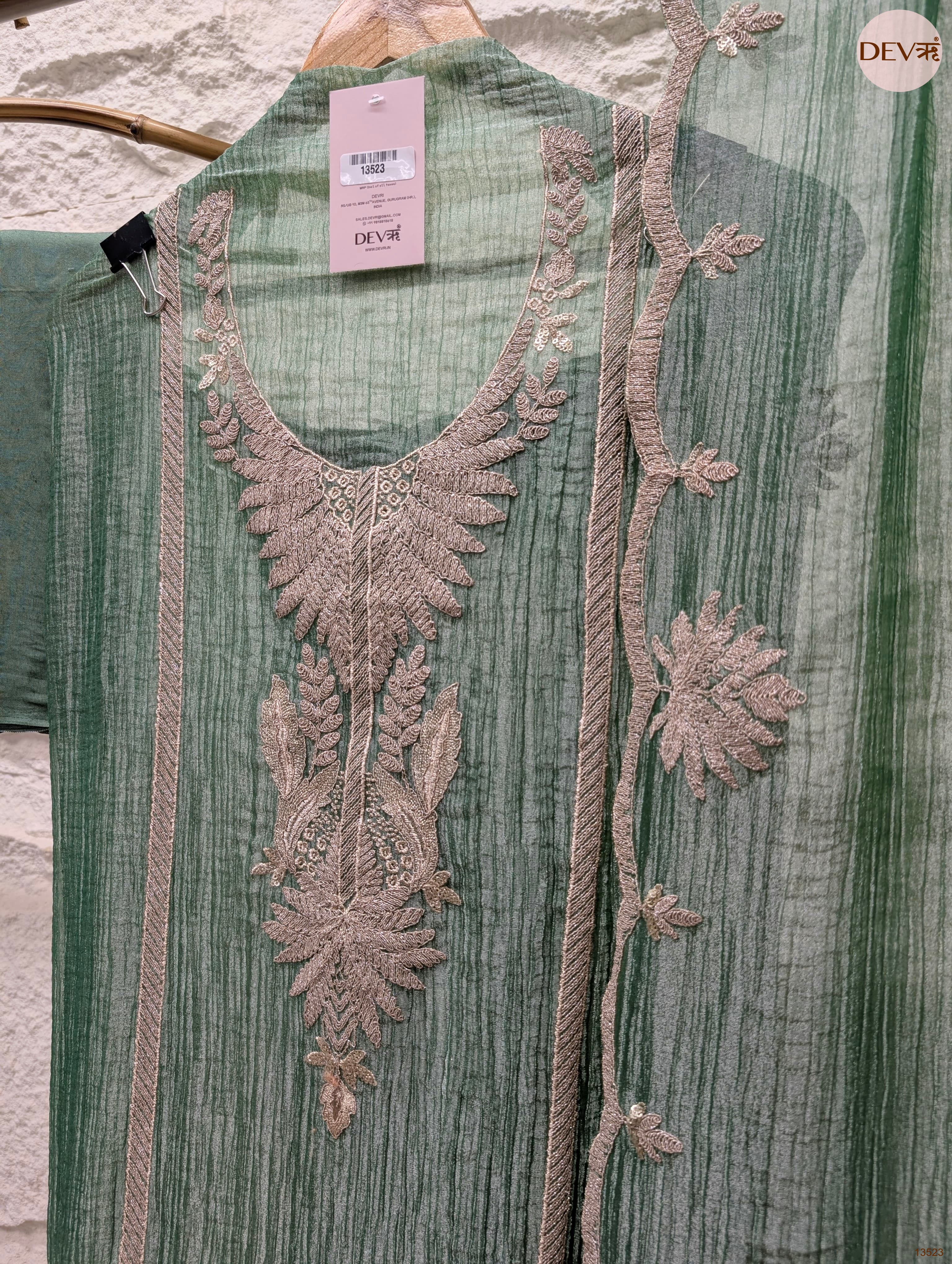 Green Tissue Crush Silk Embroidered Unstitched 3-Piece Suit (Devri – D.No 13523)